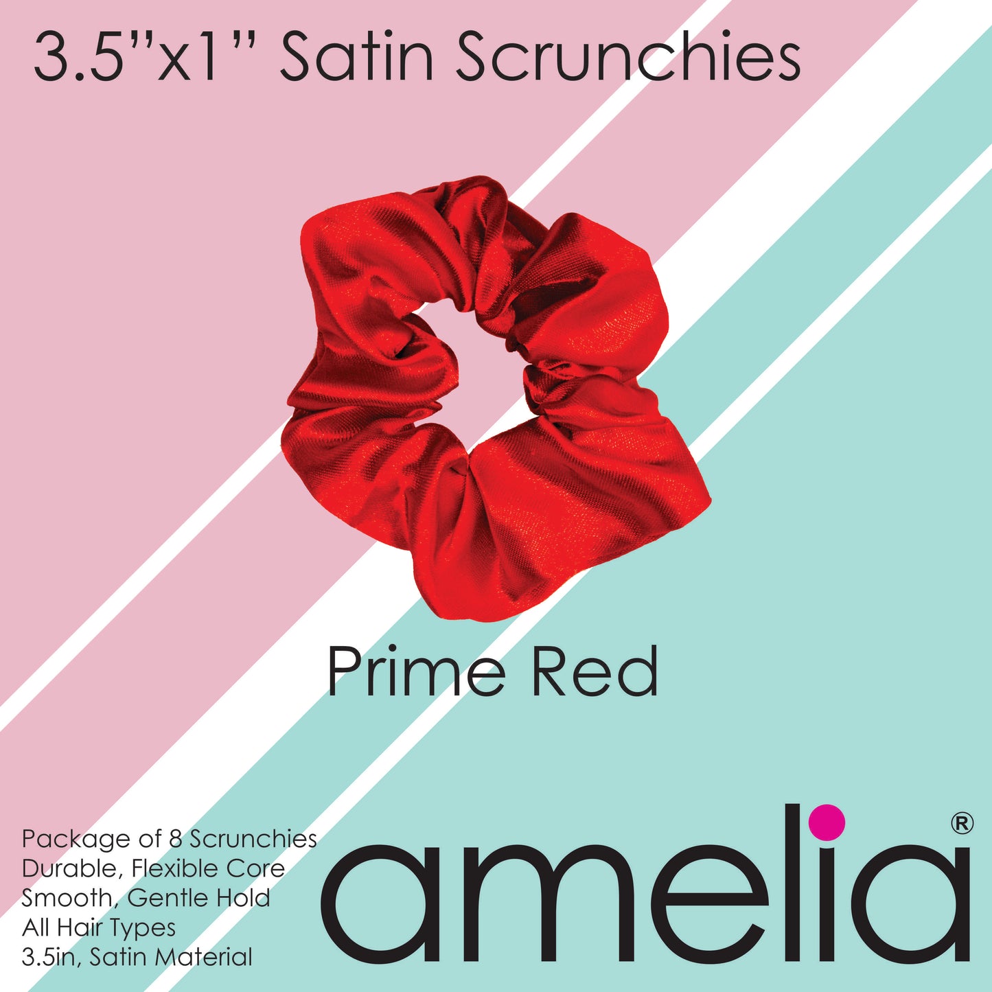 Amelia Beauty Products, Red Satin Scrunchies, 3.5in Diameter, Gentle on Hair, Strong Hold, No Snag, No Dents or Creases. 8 Pack - 12 Retail Packs