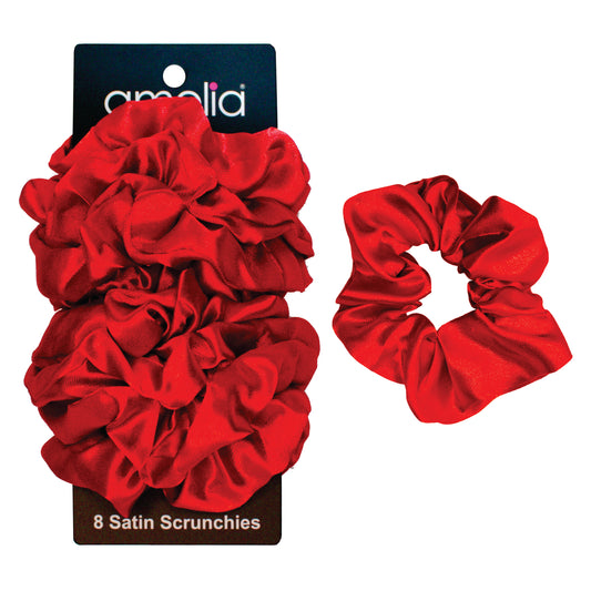 Amelia Beauty Products, Red Satin Scrunchies, 3.5in Diameter, Gentle on Hair, Strong Hold, No Snag, No Dents or Creases. 8 Pack - 12 Retail Packs