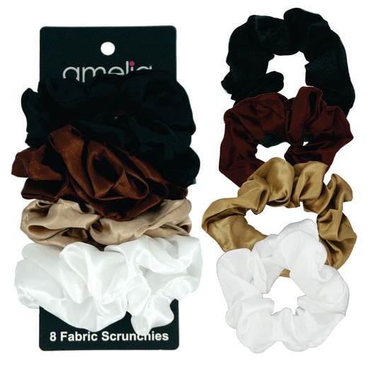 Amelia Beauty Products, Earth Blend Satin Scrunchies, 3.5in Diameter, Gentle on Hair, Strong Hold, No Snag, No Dents or Creases. 8 Pack - 12 Retail Packs