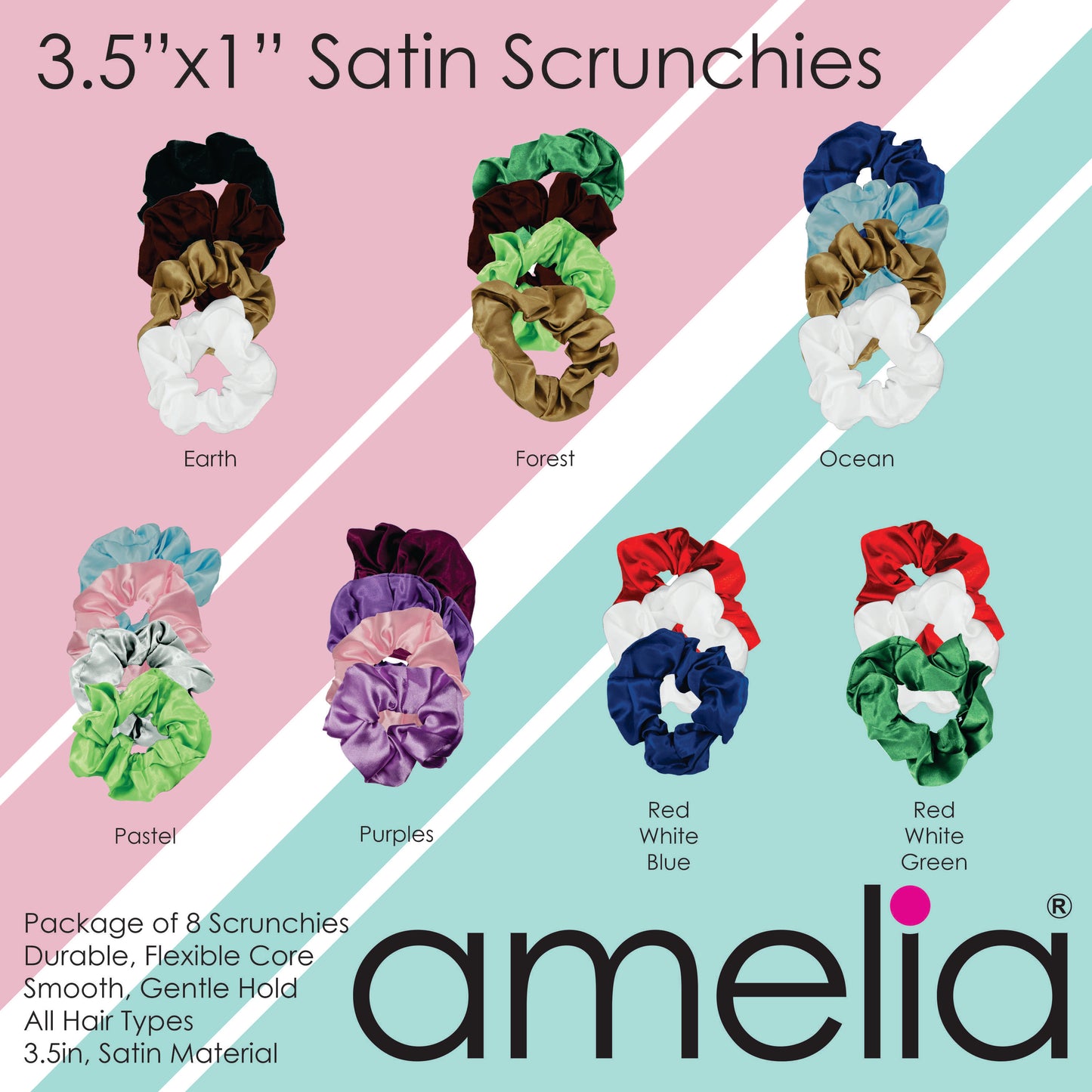 Amelia Beauty Products, Red Satin Scrunchies, 3.5in Diameter, Gentle on Hair, Strong Hold, No Snag, No Dents or Creases. 8 Pack - 12 Retail Packs