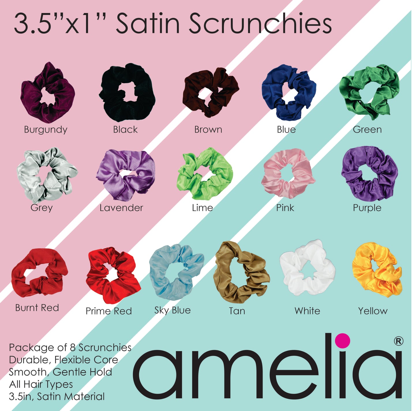 Amelia Beauty Products, Red Satin Scrunchies, 3.5in Diameter, Gentle on Hair, Strong Hold, No Snag, No Dents or Creases. 8 Pack - 12 Retail Packs