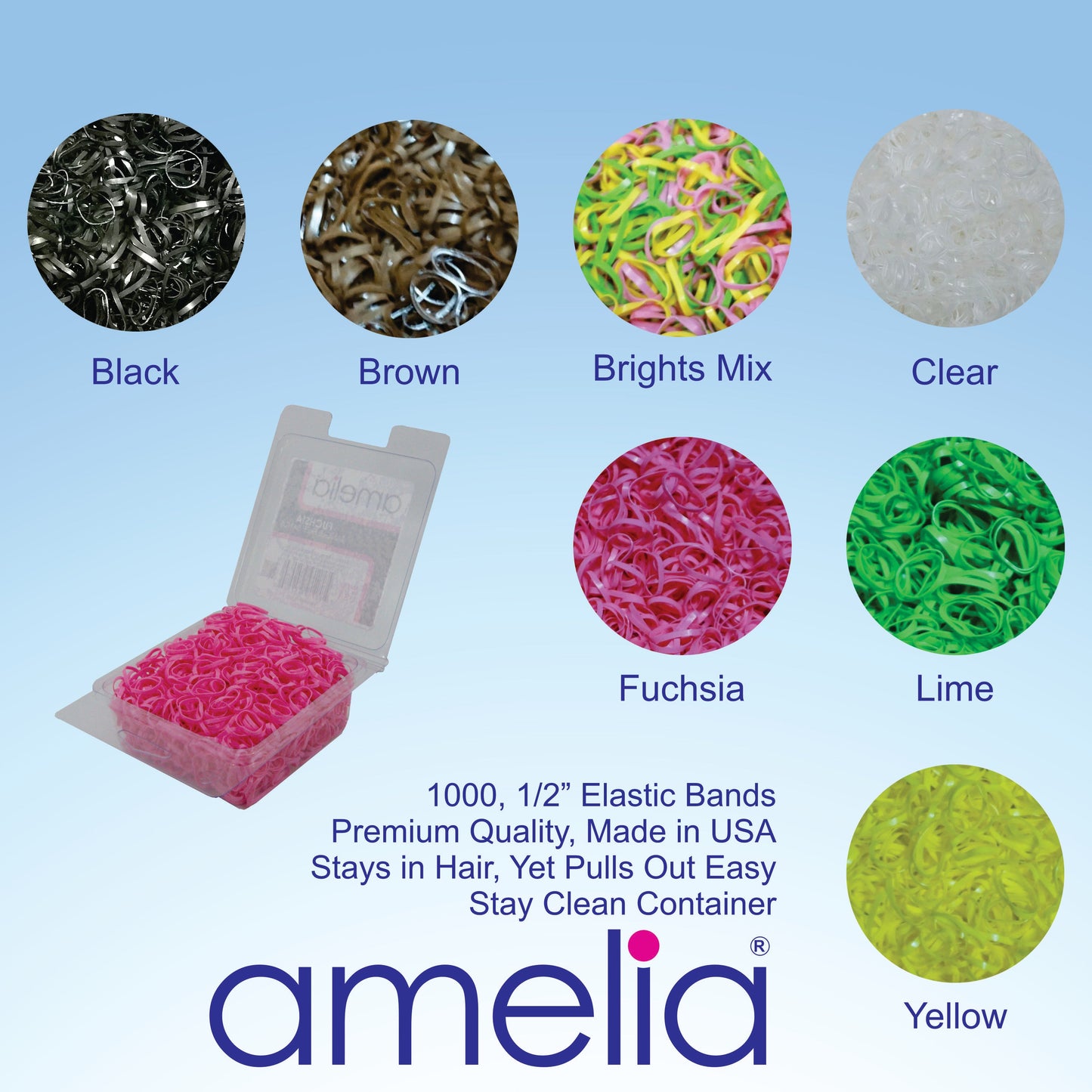 Amelia Beauty | 1/2in, Clear, Tangle Free Elastic Pony Tail Holders | Made in USA, Ideal for Ponytails, Braids, Twists. For Women, Girls. Pain Free, Snag Free, Easy Off | 1000 Pack - 12 Retail Packs