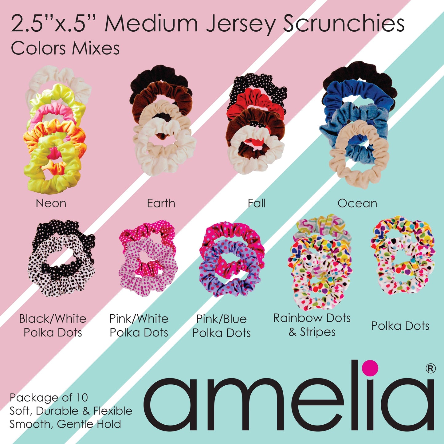 Amelia Beauty, Medium White with Pink Polka Dot Jersey Scrunchies, 2.5in Diameter, Gentle on Hair, Strong Hold, No Snag, No Dents or Creases. 10 Pack - 12 Retail Packs