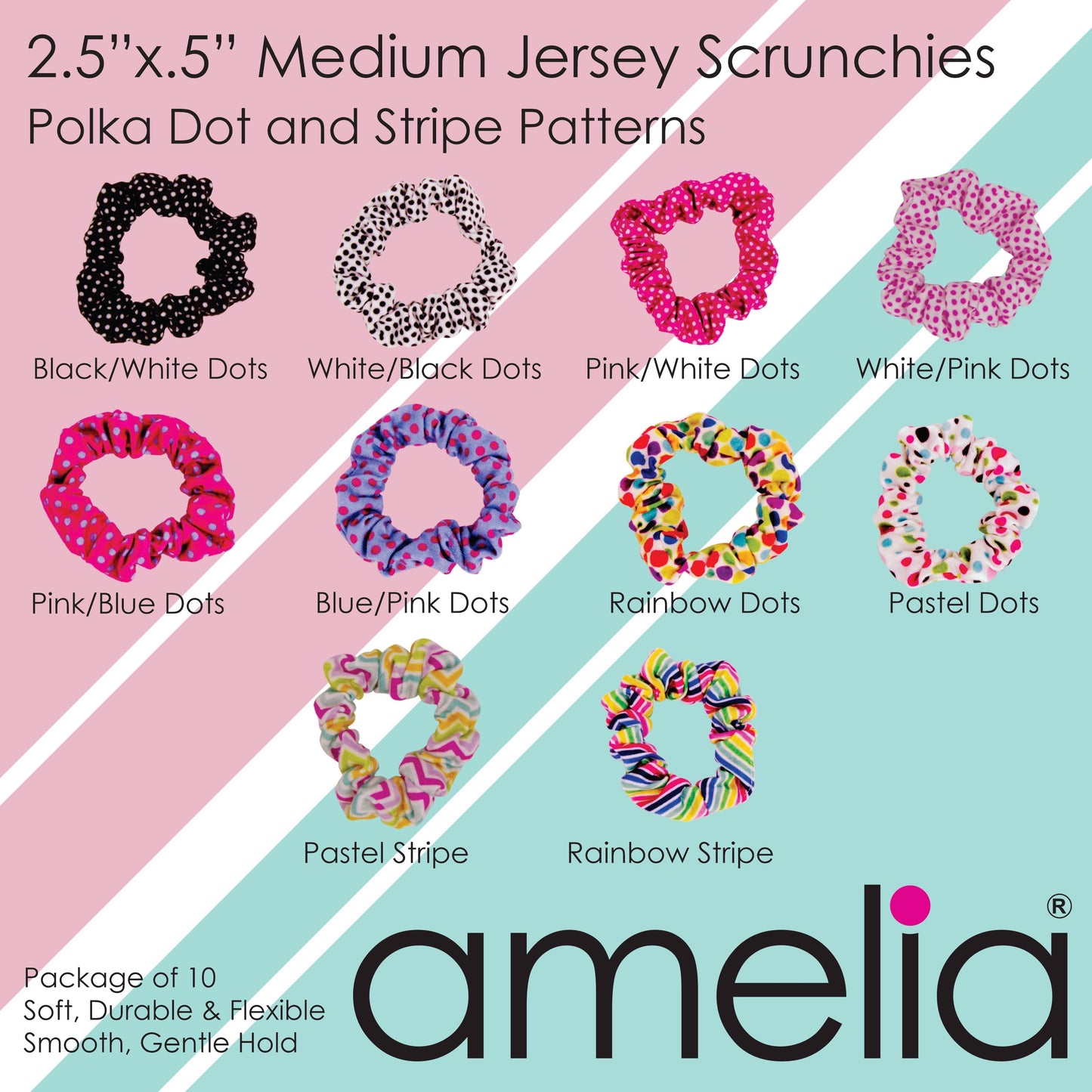 Amelia Beauty, Medium Pink and White Dot Mix Jersey Scrunchies, 2.5in Diameter, Gentle on Hair, Strong Hold, No Snag, No Dents or Creases. 10 Pack - 12 Retail Packs