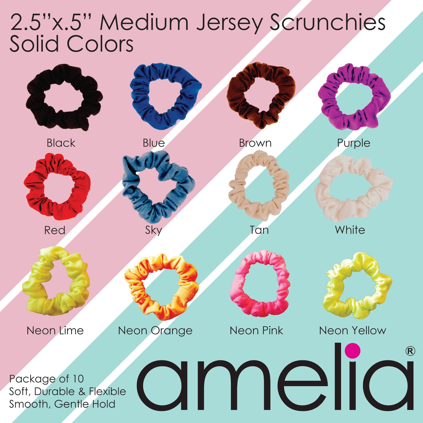 Amelia Beauty, Medium Black Jersey Scrunchies, 2.5in Diameter, Gentle on Hair, Strong Hold, No Snag, No Dents or Creases. 10 Pack - 12 Retail Packs