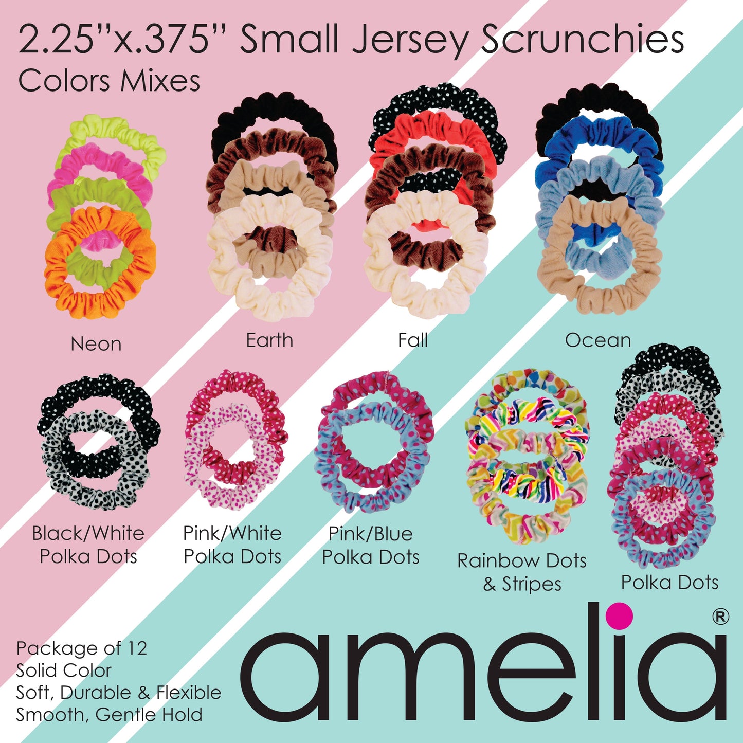 Amelia Beauty, Purple/White Dot Jersey Scrunchies, 2.25in Diameter, Gentle on Hair, Strong Hold, No Snag, No Dents or Creases. 12 Pack - 12 Retail Packs