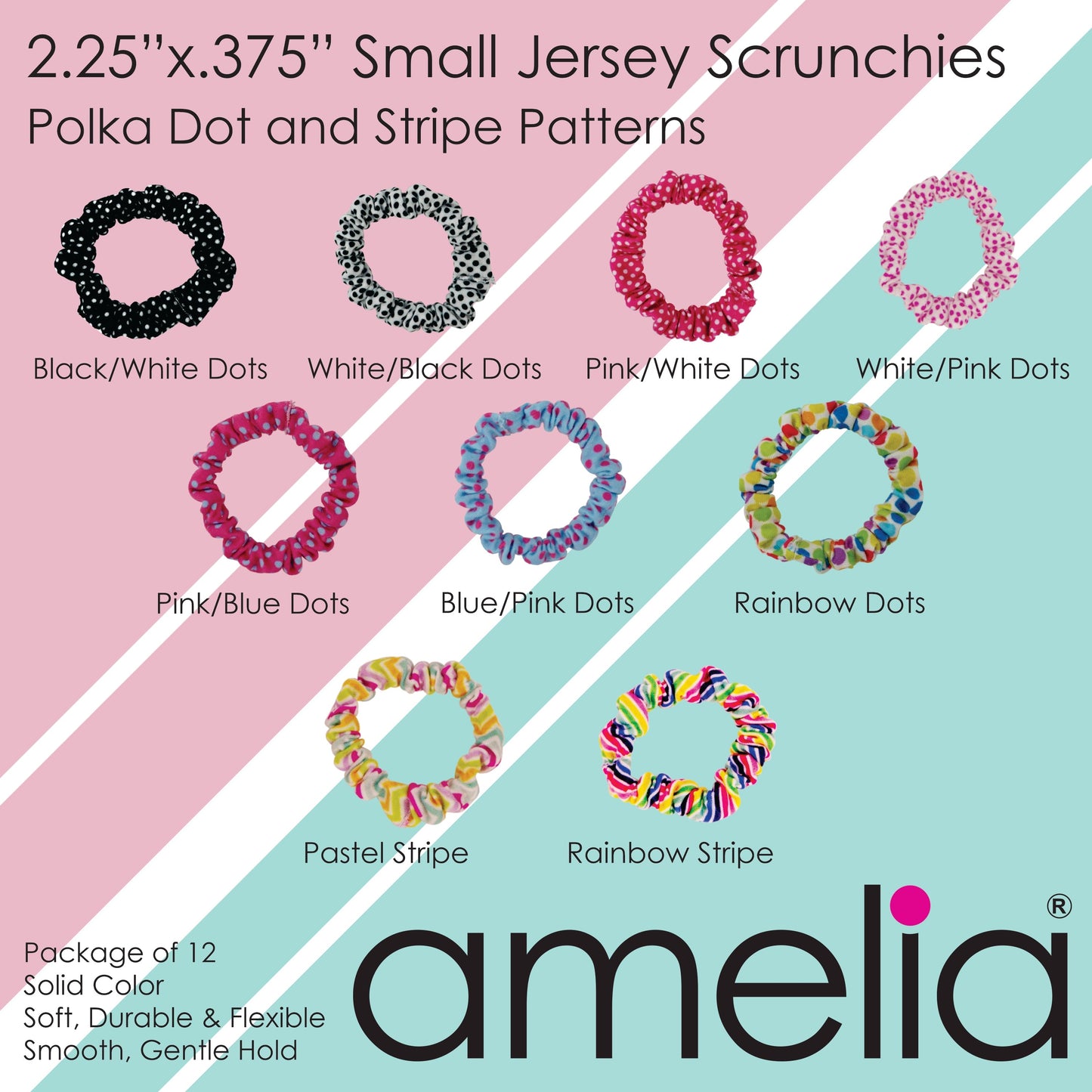 Amelia Beauty, Polka Dot Mix Jersey Scrunchies, 2.25in Diameter, Gentle on Hair, Strong Hold, No Snag, No Dents or Creases. 12 Pack - 12 Retail Packs