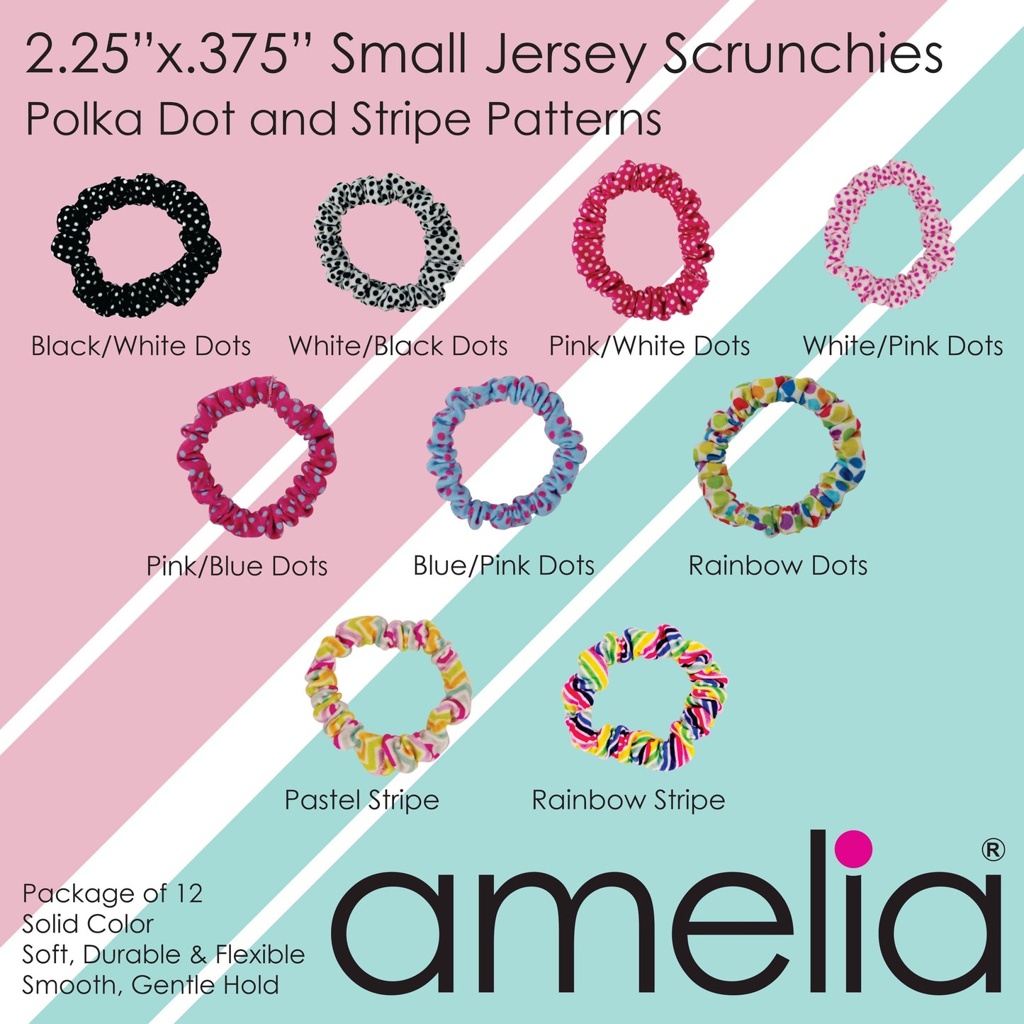 Amelia Beauty, White Jersey Scrunchies, 2.25in Diameter, Gentle on Hair, Strong Hold, No Snag, No Dents or Creases. 12 Pack - 12 Retail Packs