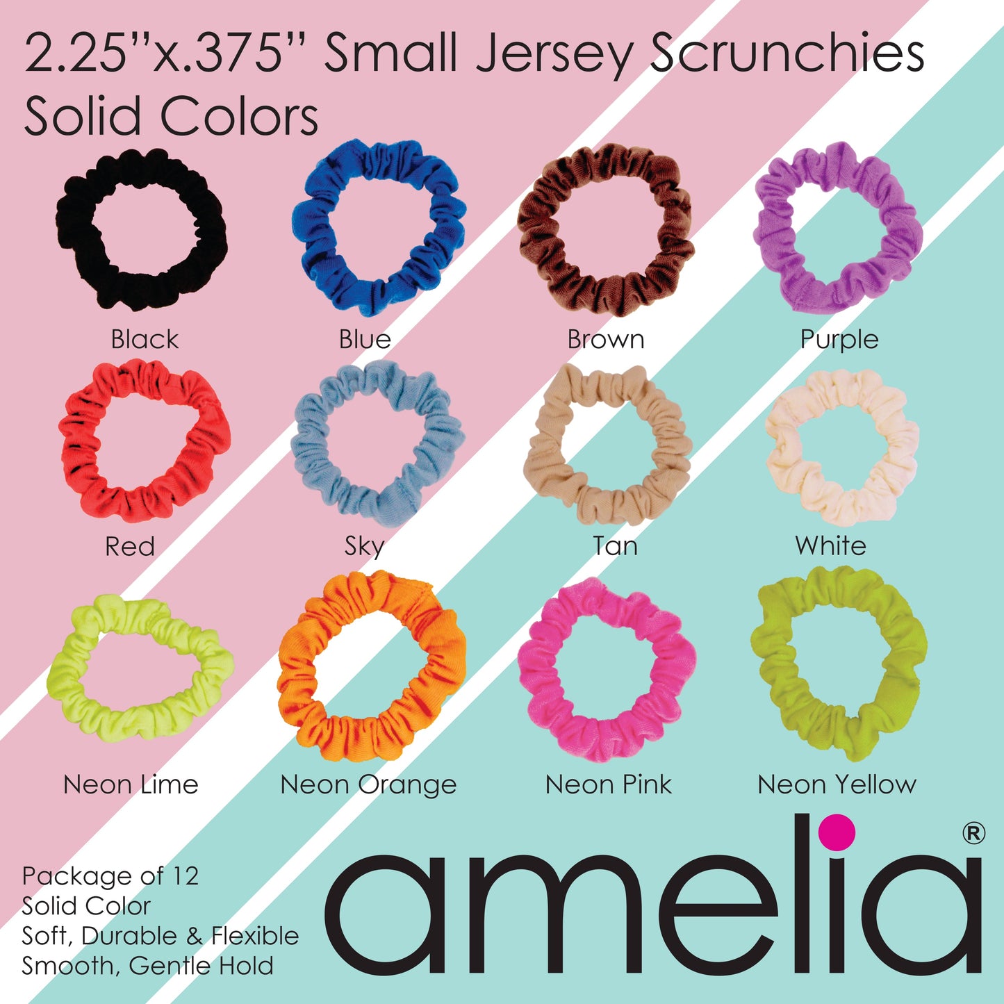 Amelia Beauty, Black Jersey Scrunchies, 2.25in Diameter, Gentle on Hair, Strong Hold, No Snag, No Dents or Creases. 12 Pack - 12 Retail Packs