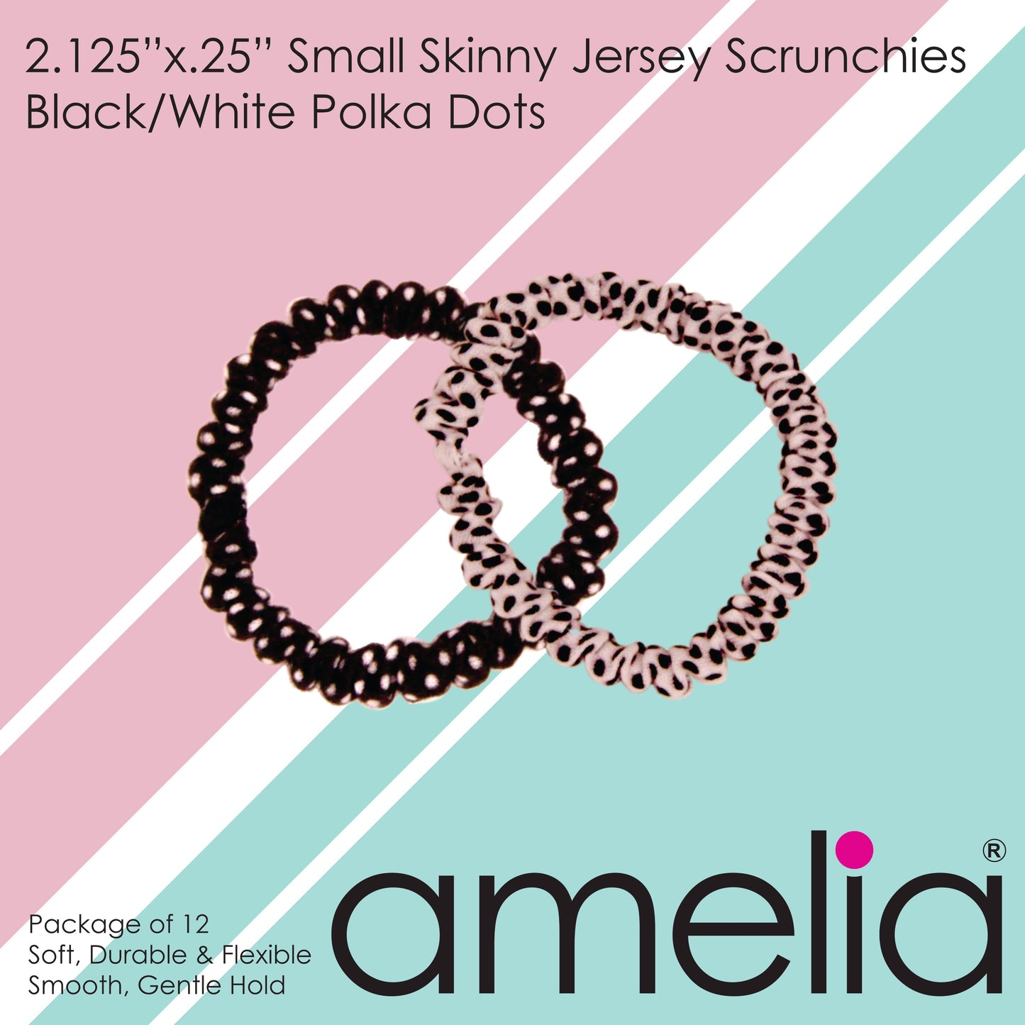 Amelia Beauty, Black and White Dot Mix Skinny Jersey Scrunchies, 2.125in Diameter, Gentle on Hair, Strong Hold, No Snag, No Dents or Creases. 12 Pack - 12 Retail Packs