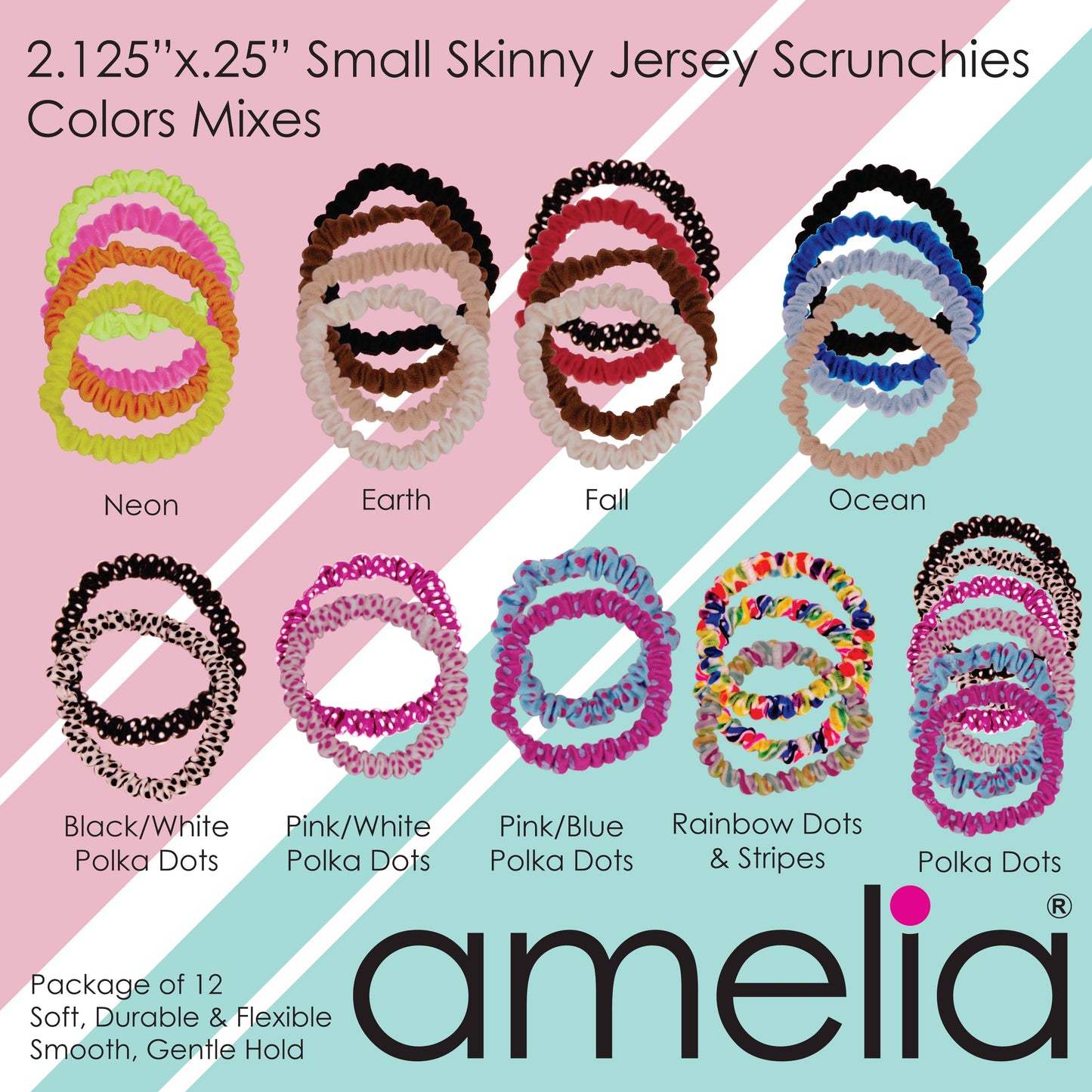 Amelia Beauty, Black Skinny Jersey Scrunchies, 2.125in Diameter, Gentle on Hair, Strong Hold, No Snag, No Dents or Creases. 12 Pack - 12 Retail Packs