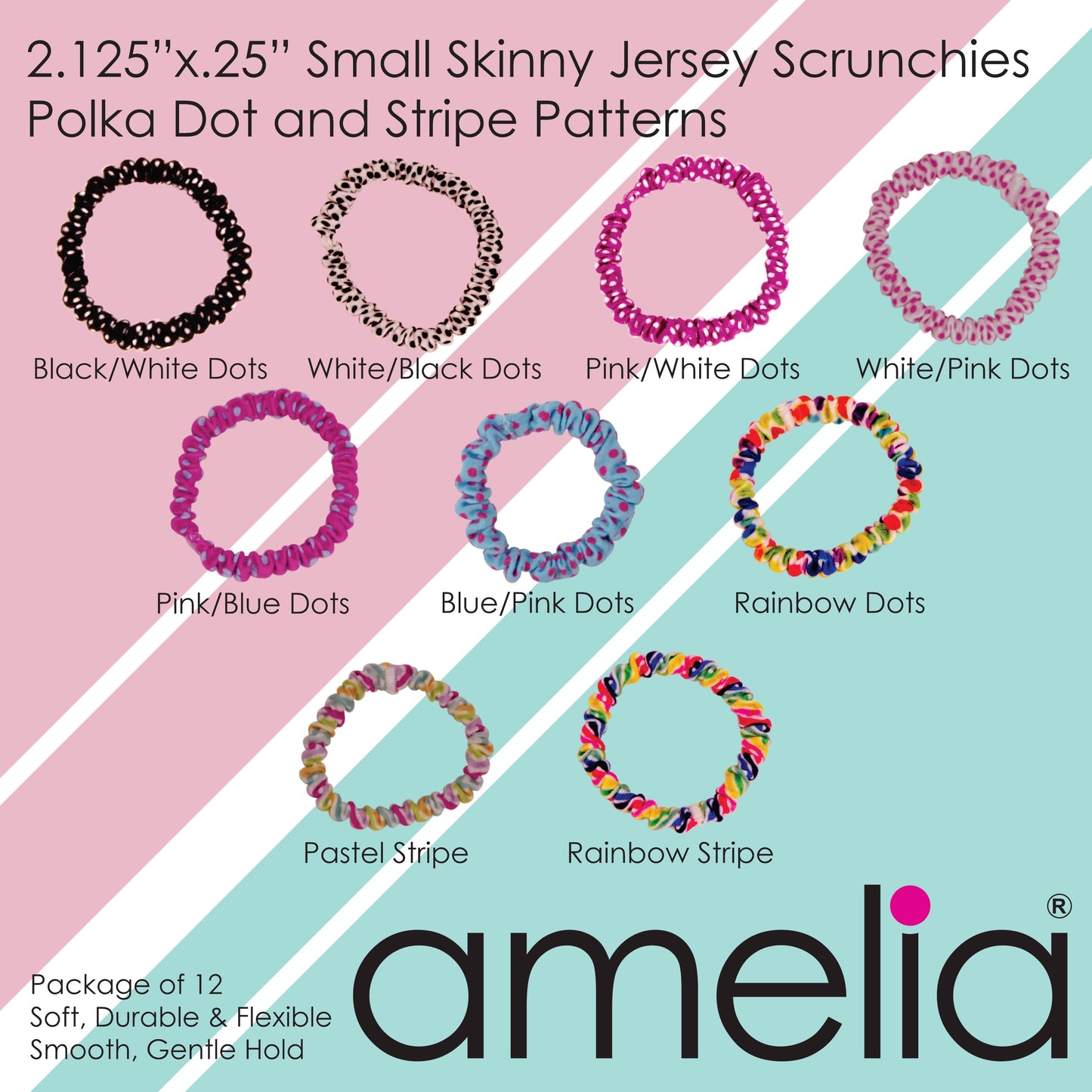 Amelia Beauty, Rainbow Dots Skinny Jersey Scrunchies, 2.125in Diameter, Gentle on Hair, Strong Hold, No Snag, No Dents or Creases. 12 Pack - 12 Retail Packs