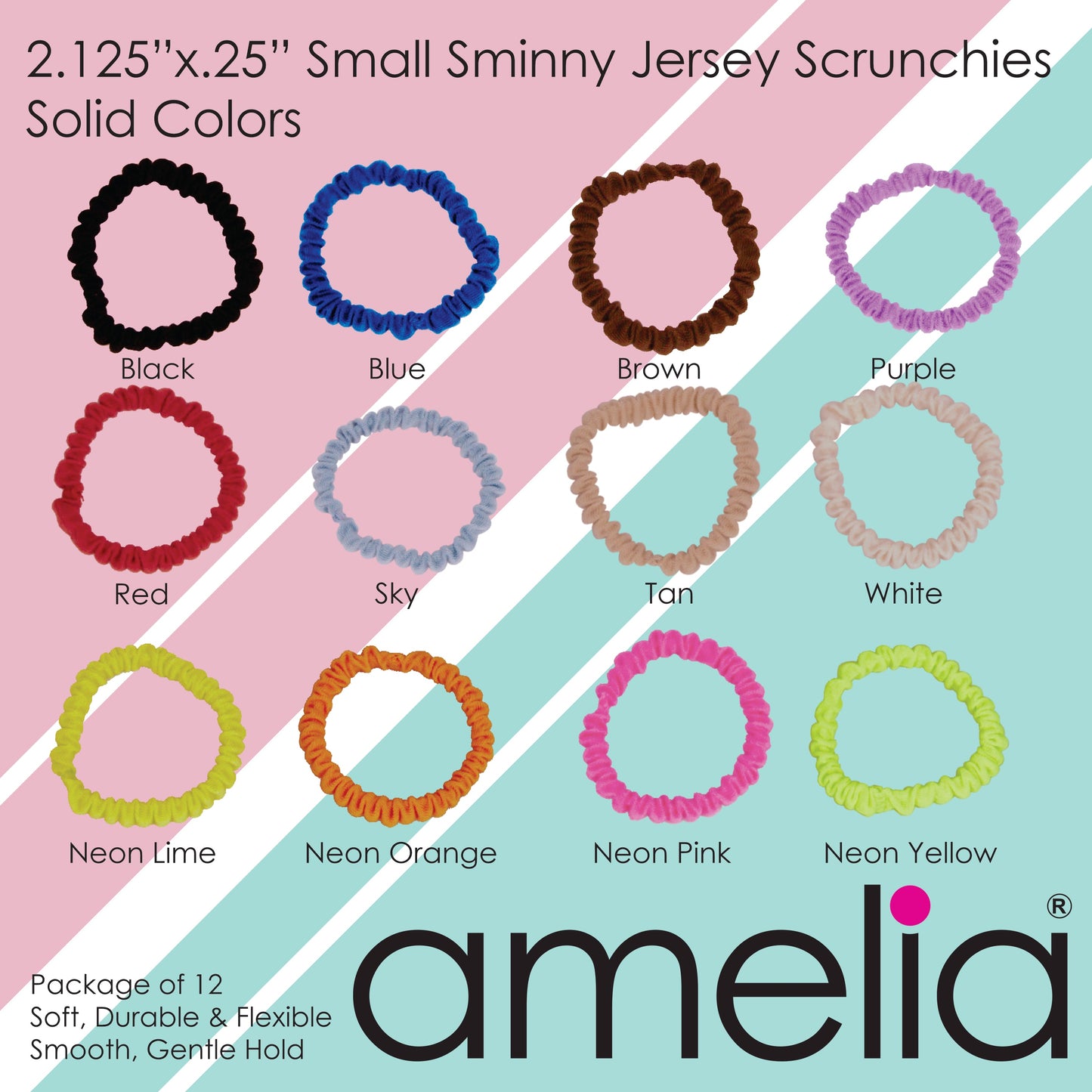 Amelia Beauty, Black Skinny Jersey Scrunchies, 2.125in Diameter, Gentle on Hair, Strong Hold, No Snag, No Dents or Creases. 12 Pack - 12 Retail Packs