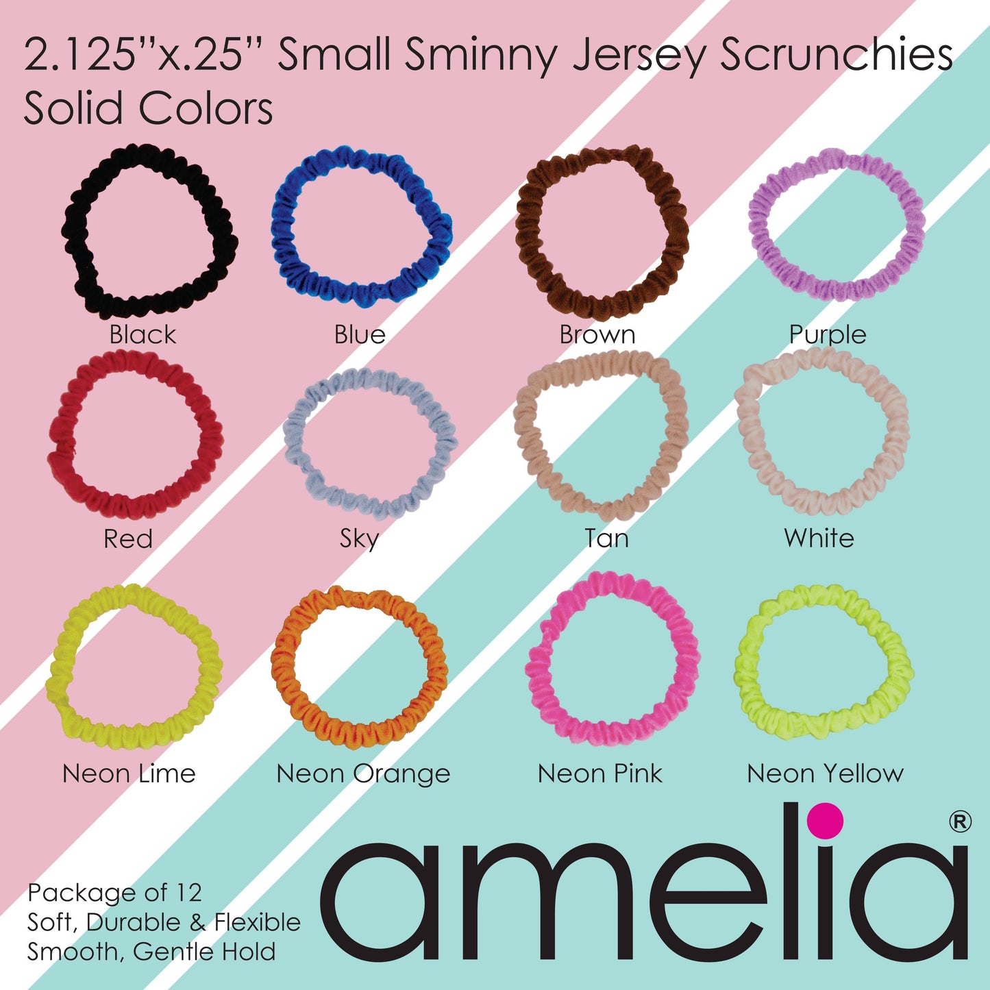 Amelia Beauty, White Skinny Jersey Scrunchies, 2.125in Diameter, Gentle on Hair, Strong Hold, No Snag, No Dents or Creases. 12 Pack - 12 Retail Packs