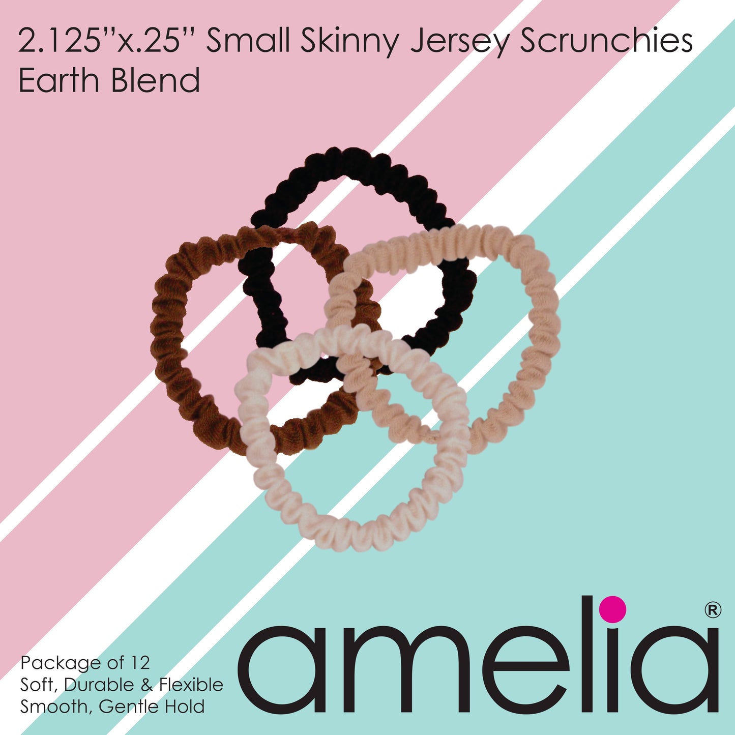 Amelia Beauty, Earth Tones Skinny Jersey Scrunchies, 2.125in Diameter, Gentle on Hair, Strong Hold, No Snag, No Dents or Creases. 12 Pack - 12 Retail Packs