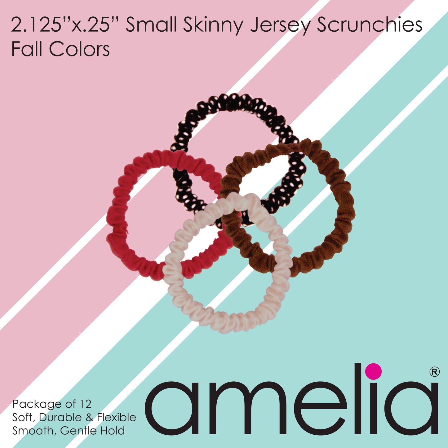 Amelia Beauty, Fall Blend Skinny Jersey Scrunchies, 2.125in Diameter, Gentle on Hair, Strong Hold, No Snag, No Dents or Creases. 12 Pack - 12 Retail Packs