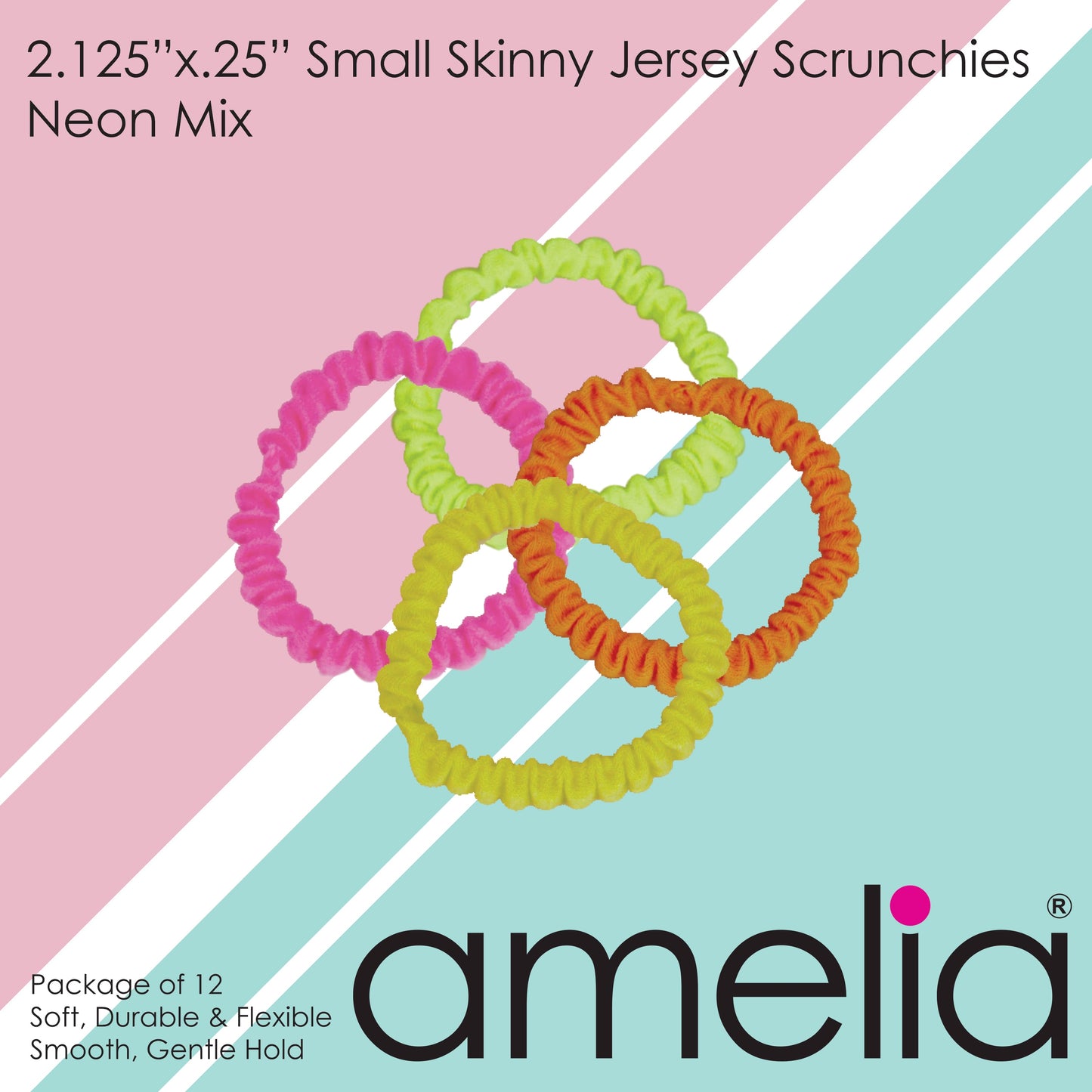 Amelia Beauty, Neon Mix Skinny Jersey Scrunchies, 2.125in Diameter, Gentle on Hair, Strong Hold, No Snag, No Dents or Creases. 12 Pack - 12 Retail Packs