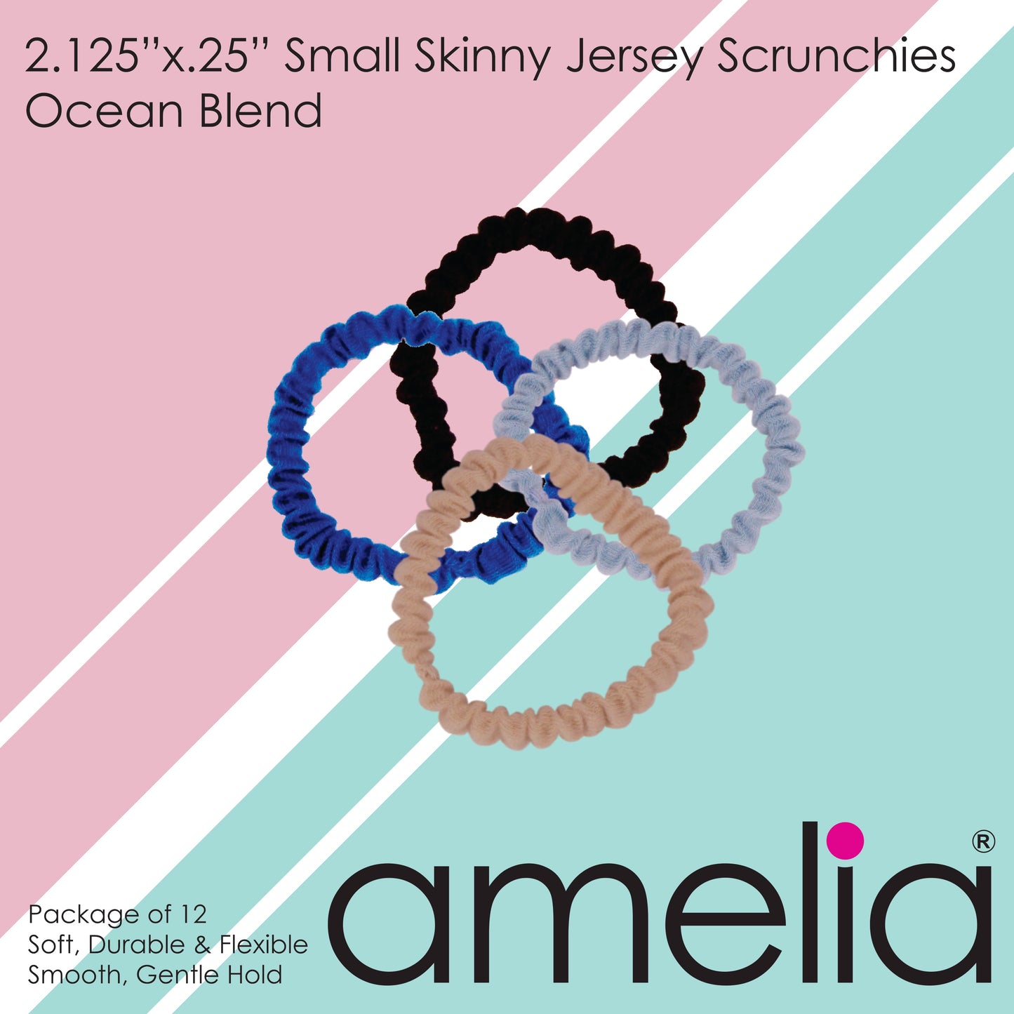 Amelia Beauty, Ocean Blend Skinny Jersey Scrunchies, 2.125in Diameter, Gentle on Hair, Strong Hold, No Snag, No Dents or Creases. 12 Pack - 12 Retail Packs