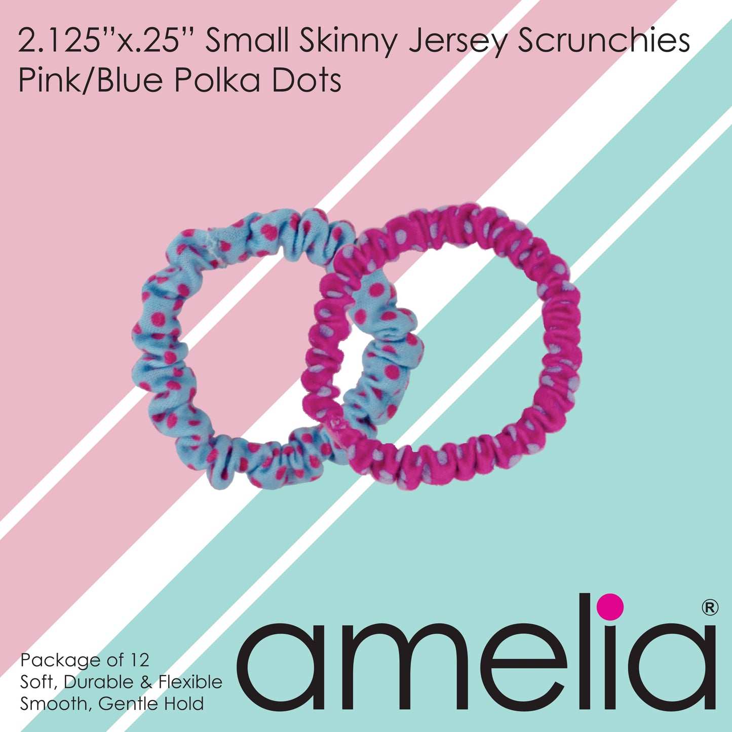 Amelia Beauty, Pink and Blue Polka Dot Mix Skinny Jersey Scrunchies, 2.125in Diameter, Gentle on Hair, Strong Hold, No Snag, No Dents or Creases. 12 Pack - 12 Retail Packs