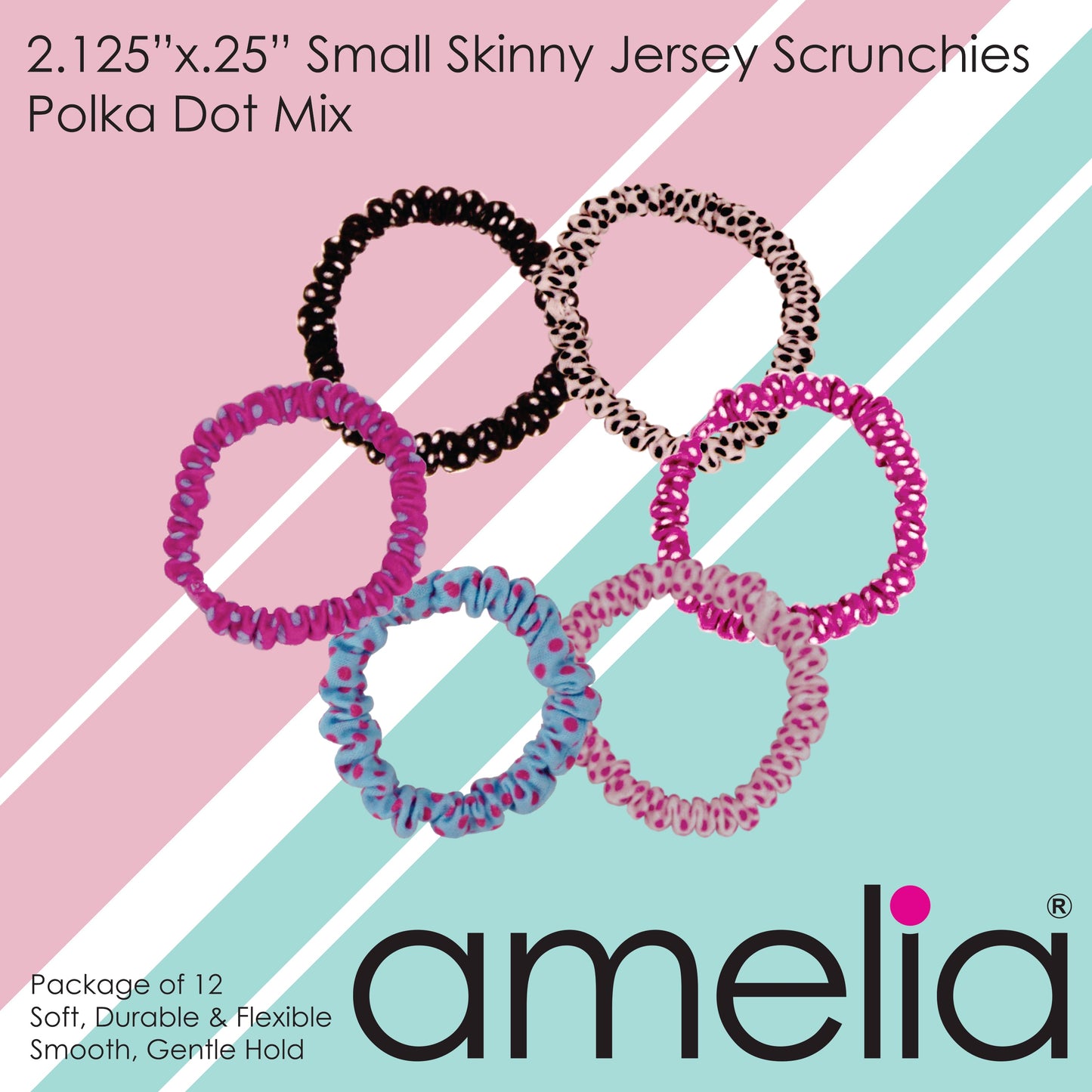 Amelia Beauty, Polka Dot Mix Skinny Jersey Scrunchies, 2.125in Diameter, Gentle on Hair, Strong Hold, No Snag, No Dents or Creases. 12 Pack - 12 Retail Packs