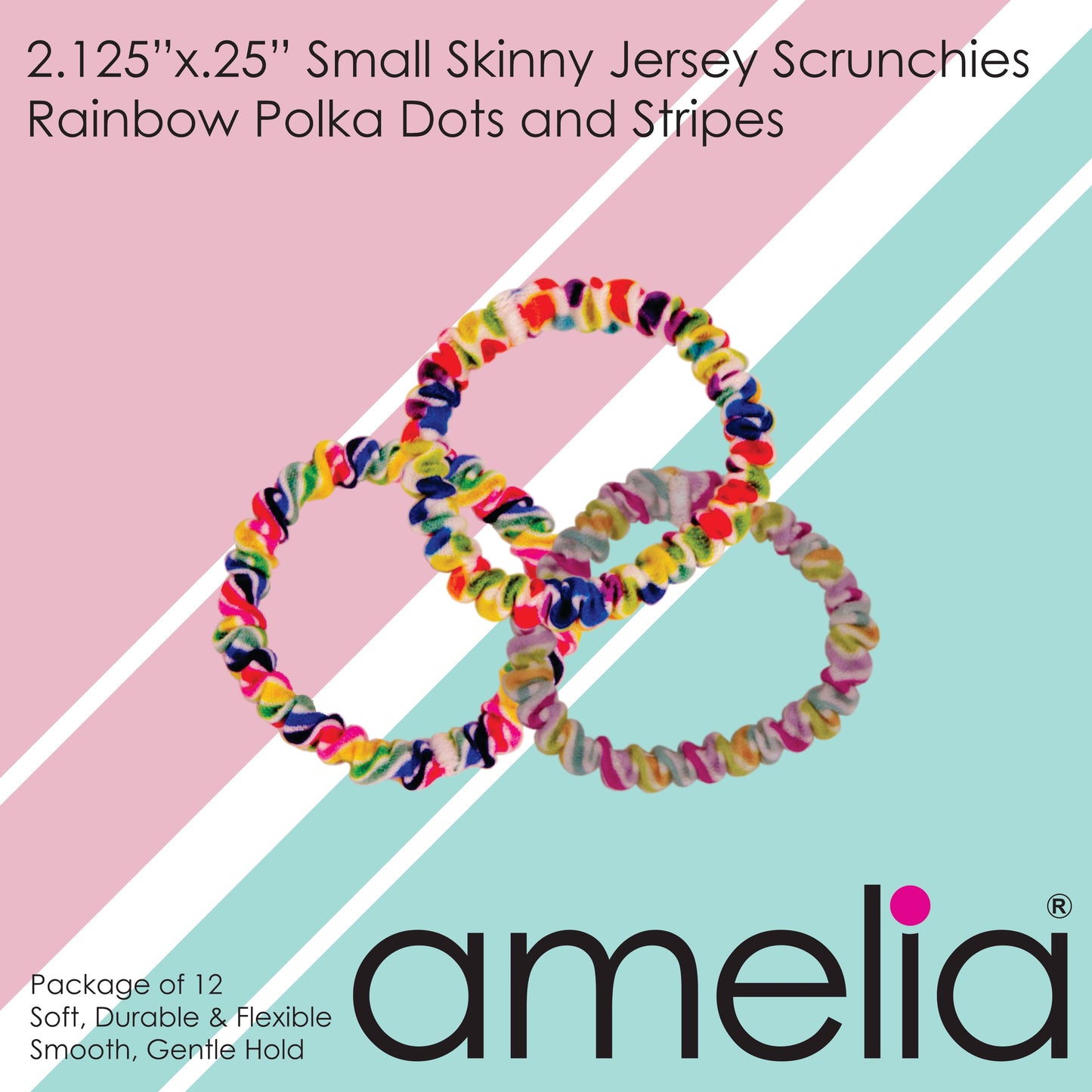 Amelia Beauty, Polka Dot and Stripe Mix Skinny Jersey Scrunchies, 2.125in Diameter, Gentle on Hair, Strong Hold, No Snag, No Dents or Creases. 12 Pack - 12 Retail Packs