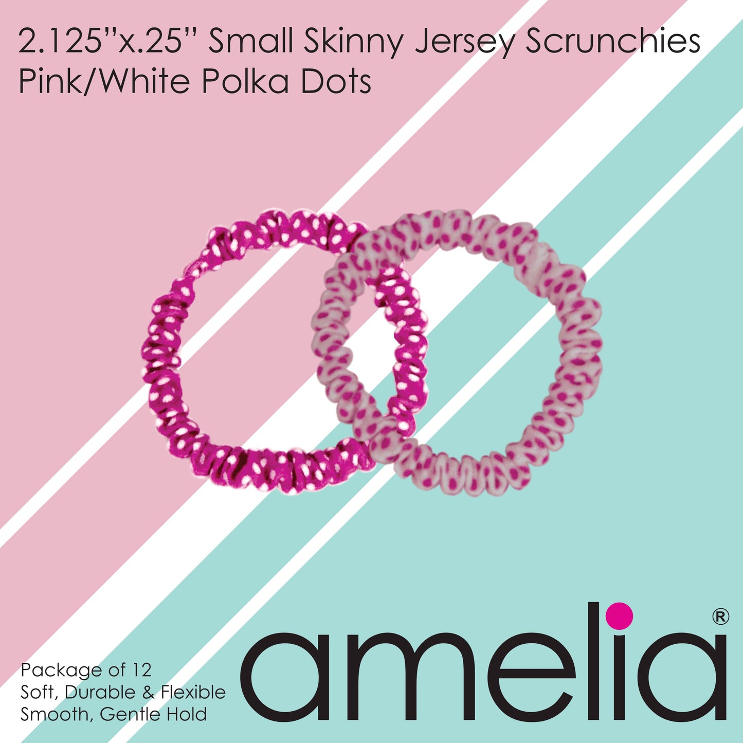 Amelia Beauty, Pink and White Dot Mix Skinny Jersey Scrunchies, 2.125in Diameter, Gentle on Hair, Strong Hold, No Snag, No Dents or Creases. 12 Pack - 12 Retail Packs