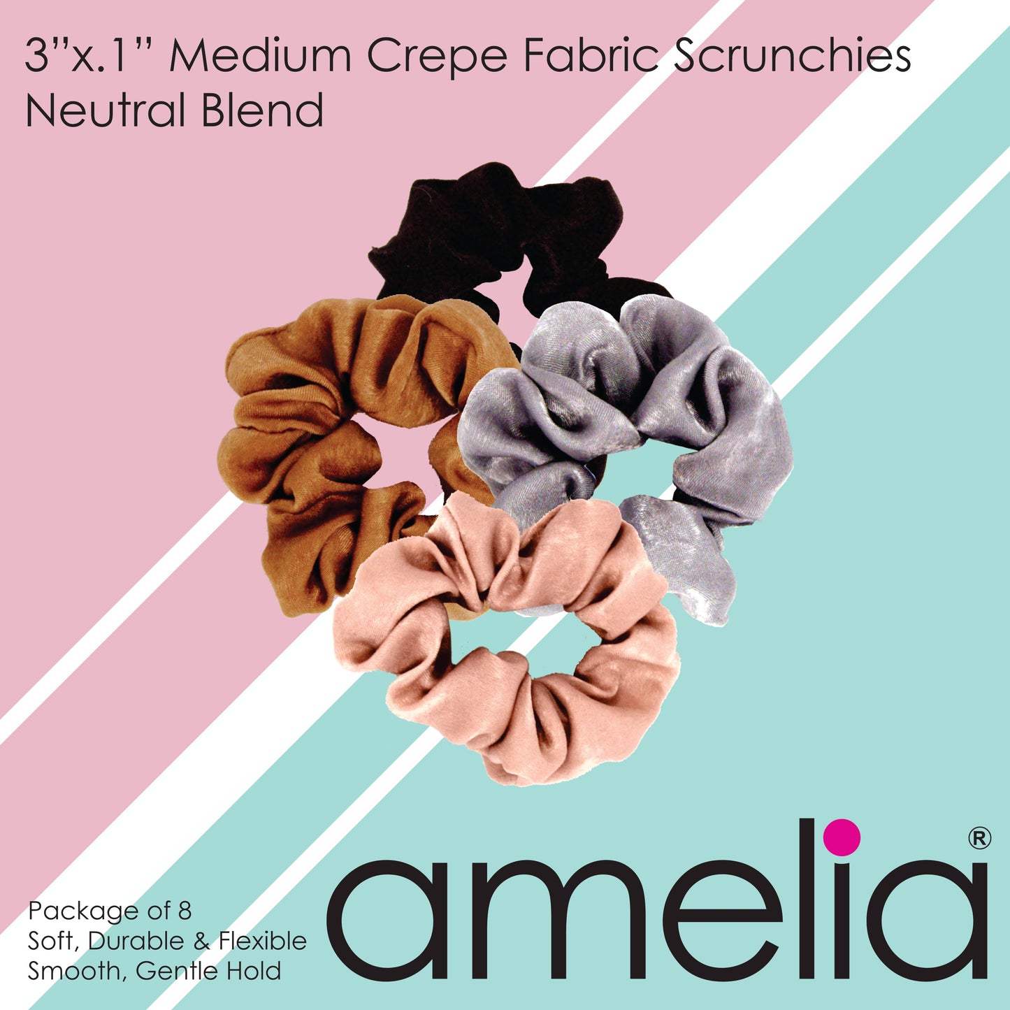 Amelia Beauty | 3in Neutral Colors Crepe Scrunchies | Soft, Gentle and Strong Hold | No Snag, No Dents or Creases | 8 Pack - 12 Retail Packs