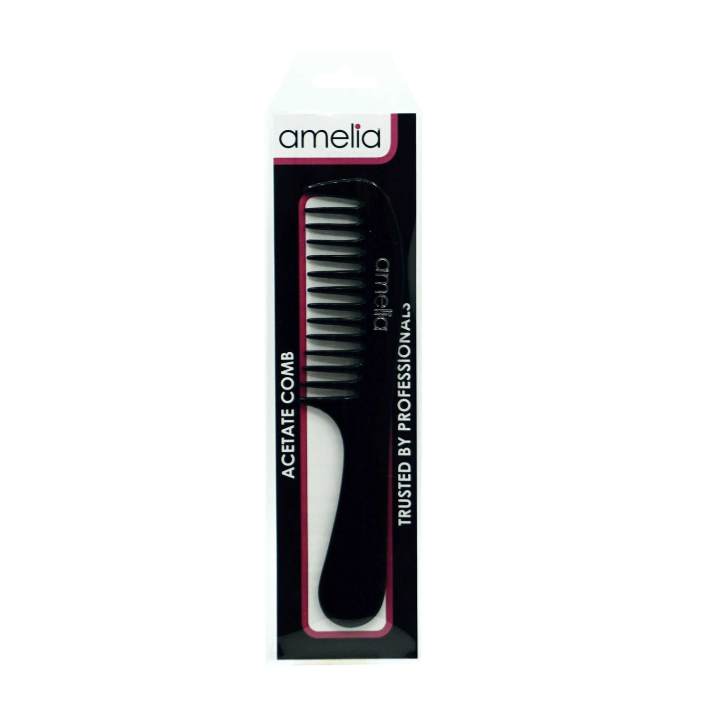 Amelia Beauty Cellulose Acetate 8in Handle Comb, Handmade, Smooth Edges, Eco-Friendly Plant Based Material, Course Tooth - Black Color - 12 Retail Packs