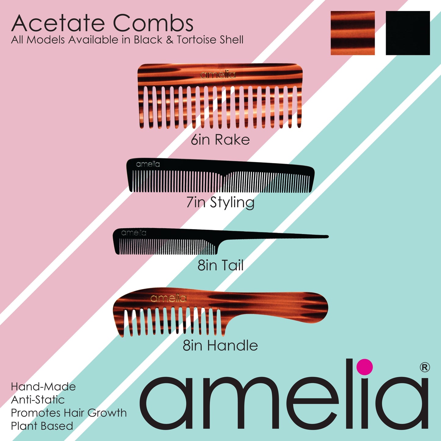 Amelia Beauty Cellulose Acetate 7in Styling Comb, Handmade, Smooth Edges, Eco-Friendly Plant Based Material, Fine and Course Teeth - Tortoise Shell Color - 12 Retail Packs