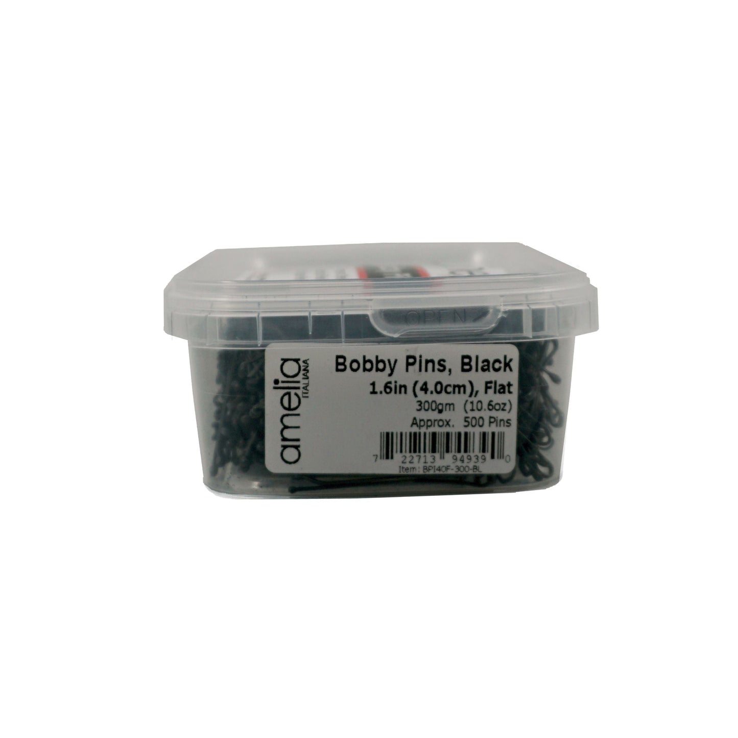 500, Black, 1.6in (4.0cm), Flat Italian Made Bobby Pins, Recloseable Stay Clean and Organized Container - 6 Retail Packs