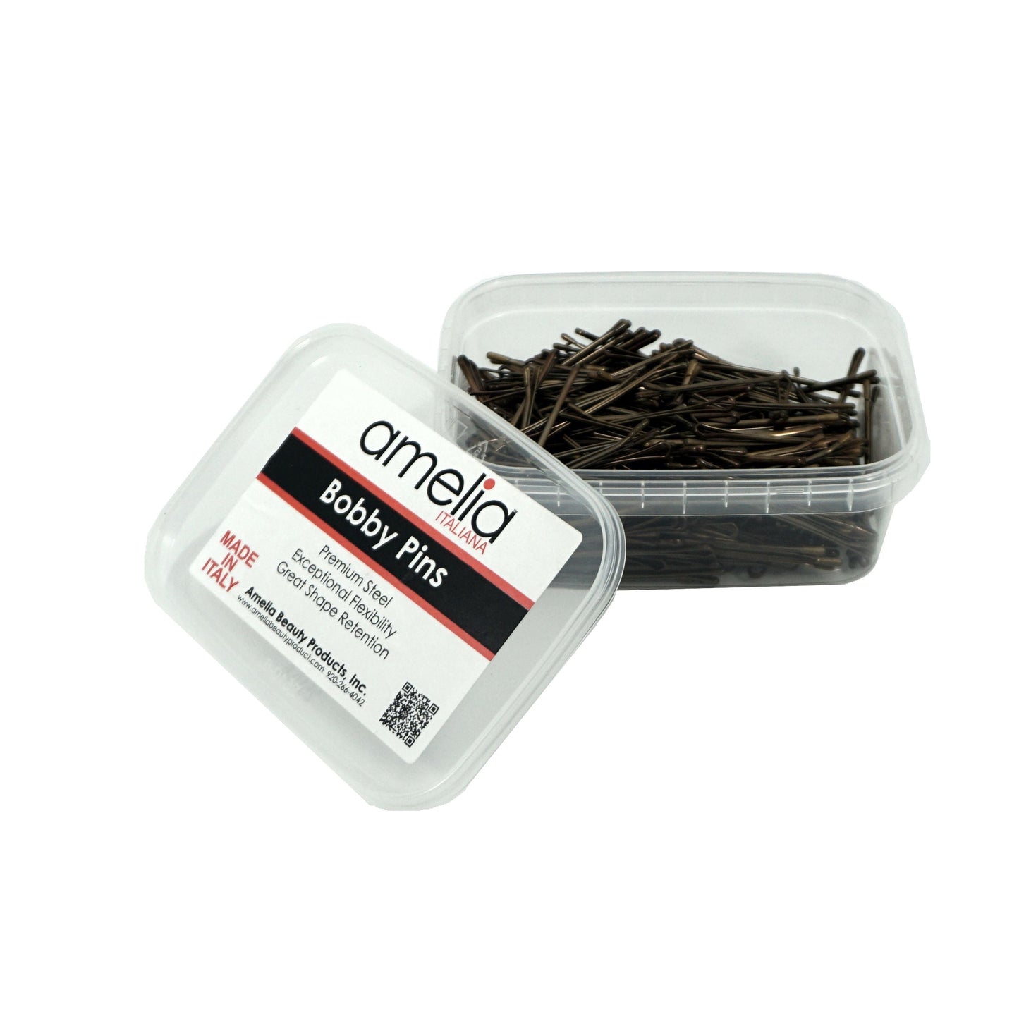 300, Brown, 2.0in (5.0cm), Italian Made Flat Bobby Pins, Recloseable Stay Clean and Organized Container - 6 Retail Packs