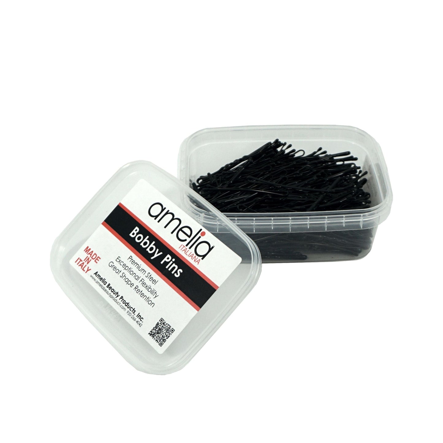 300, Black, 2.0in (5.0cm), Italian Made Bobby Pins, Recloseable Stay Clean and Organized Container - 6 Retail Packs