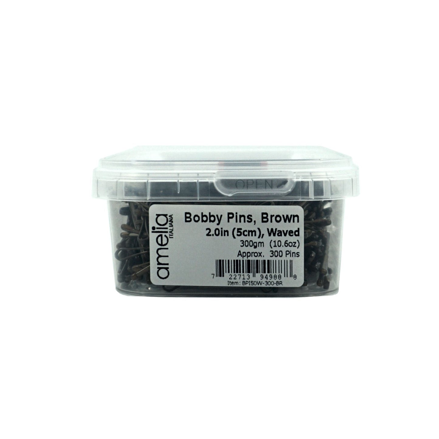 300, Brown, 2.0in (5.0cm), Italian Made Bobby Pins, Recloseable Stay Clean and Organized Container - 6 Retail Packs