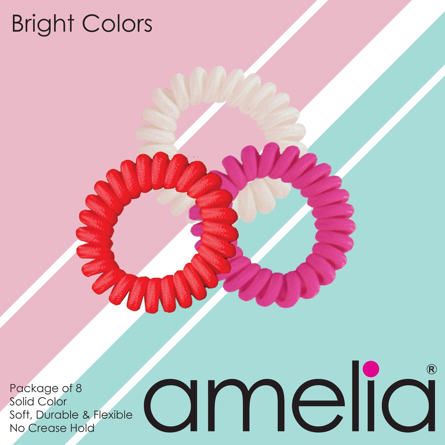 Amelia Beauty, 8 Small Fabric Wrapped Elastic Hair Coils, 1.75in Diameter Spiral Hair Ties, Gentle on Hair, Strong Hold and Minimizes Dents and Creases, Brights Mix - 12 Retail Packs