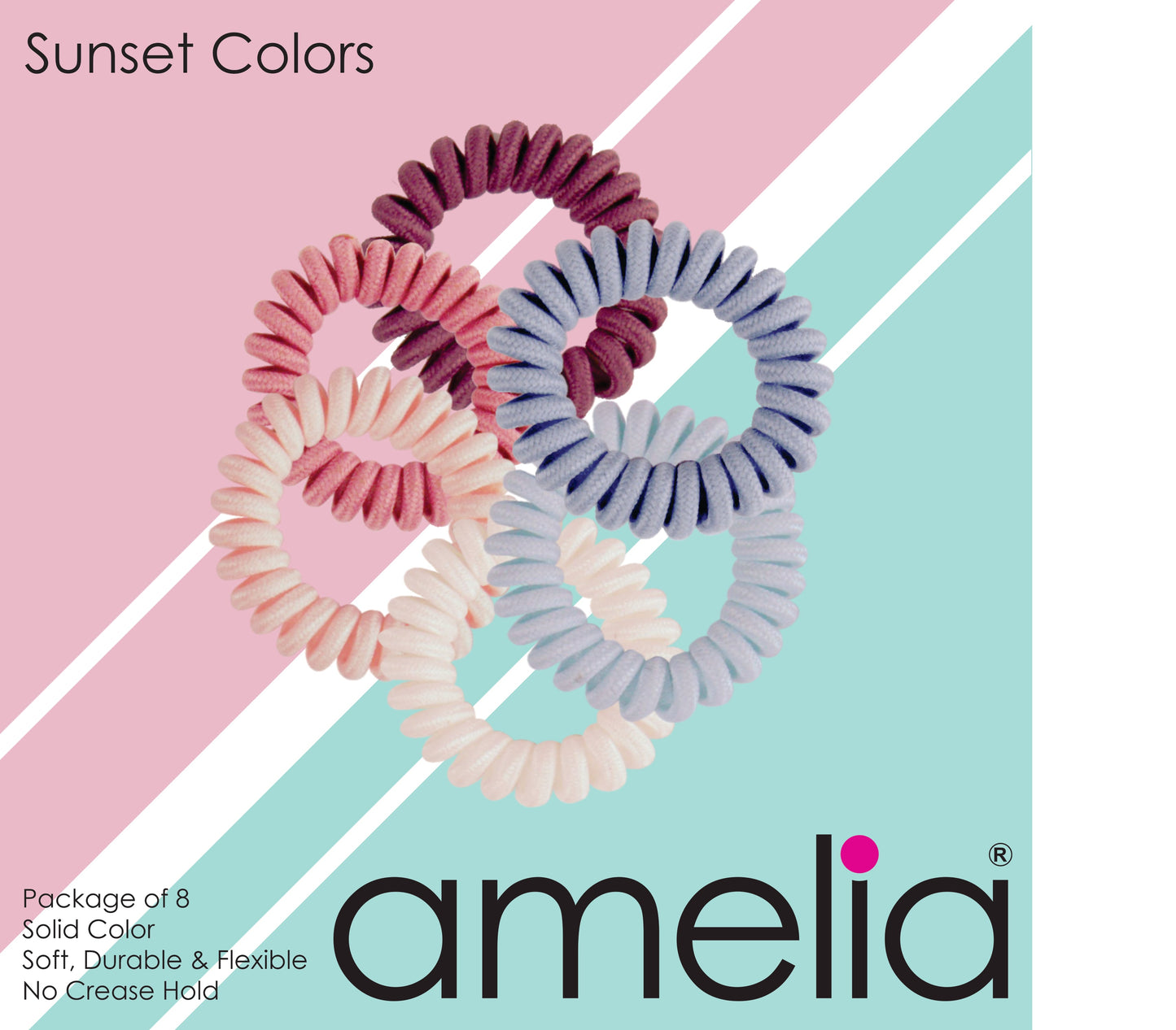 Amelia Beauty, 8 Small Fabric Wrapped Elastic Hair Coils, 1.75in Diameter Spiral Hair Ties, Gentle on Hair, Strong Hold and Minimizes Dents and Creases, Sunset Mix - 12 Retail Packs