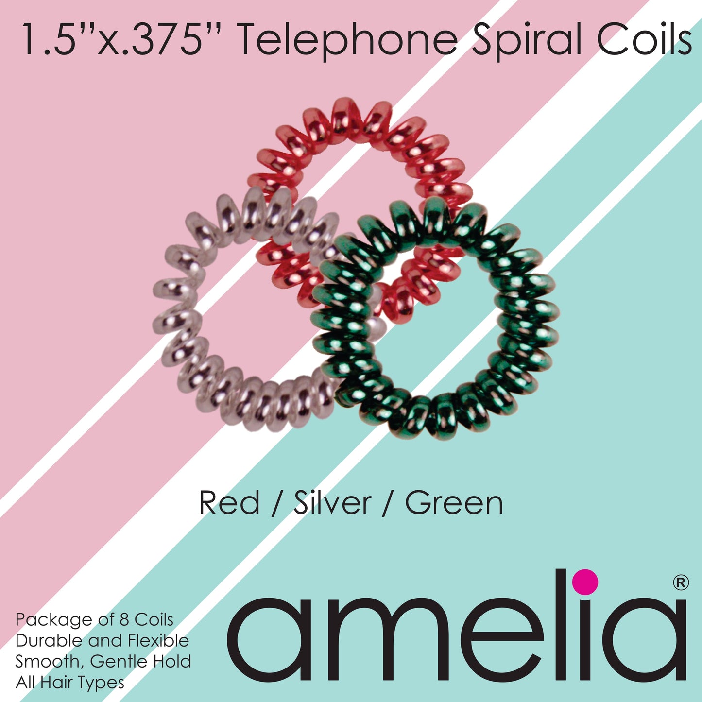 Amelia Beauty, 8 Small Shinny Elastic Hair Telephone Cord Coils, 1.5in Diameter Spiral Hair Ties, Strong Hold, Gentle on Hair, Red, Silver and Green - 12 Retail Packs