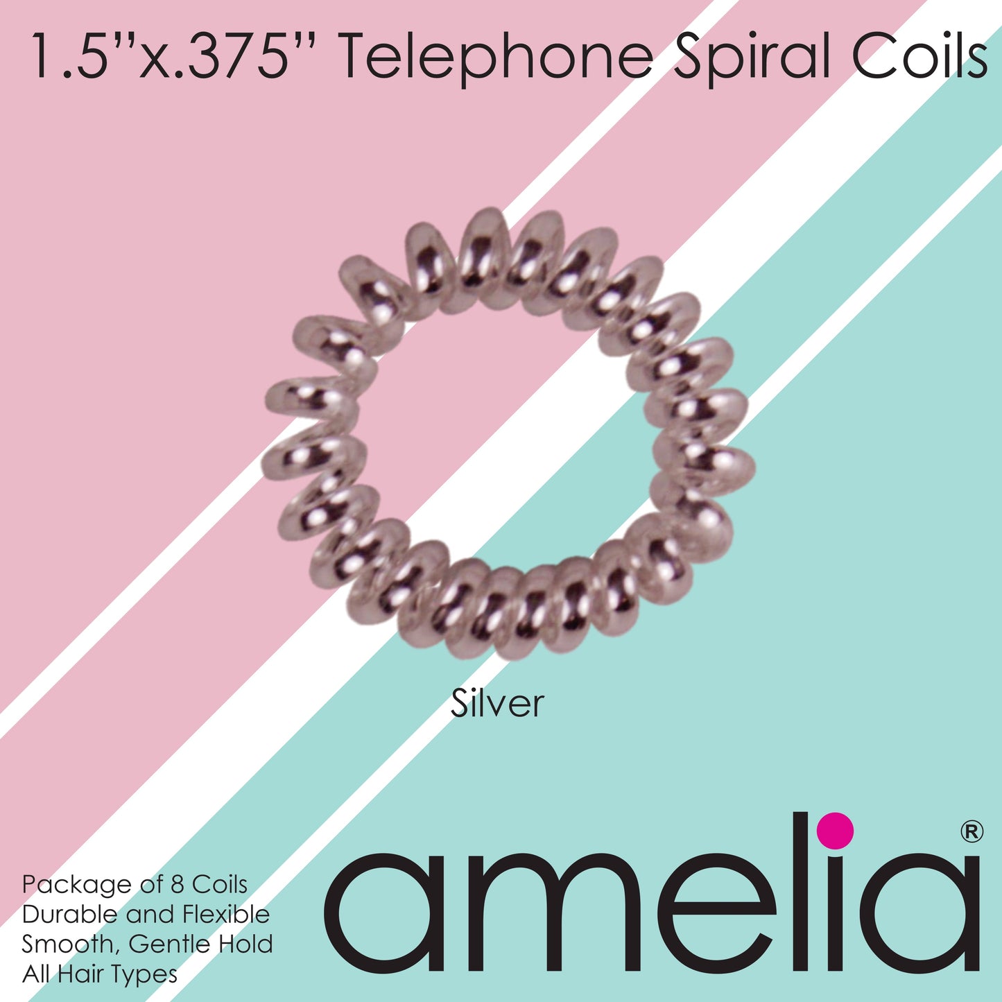 Amelia Beauty, 8 Small Shinny Elastic Hair Telephone Cord Coils, 1.5in Diameter Spiral Hair Ties, Strong Hold, Gentle on Hair, Silver - 12 Retail Packs