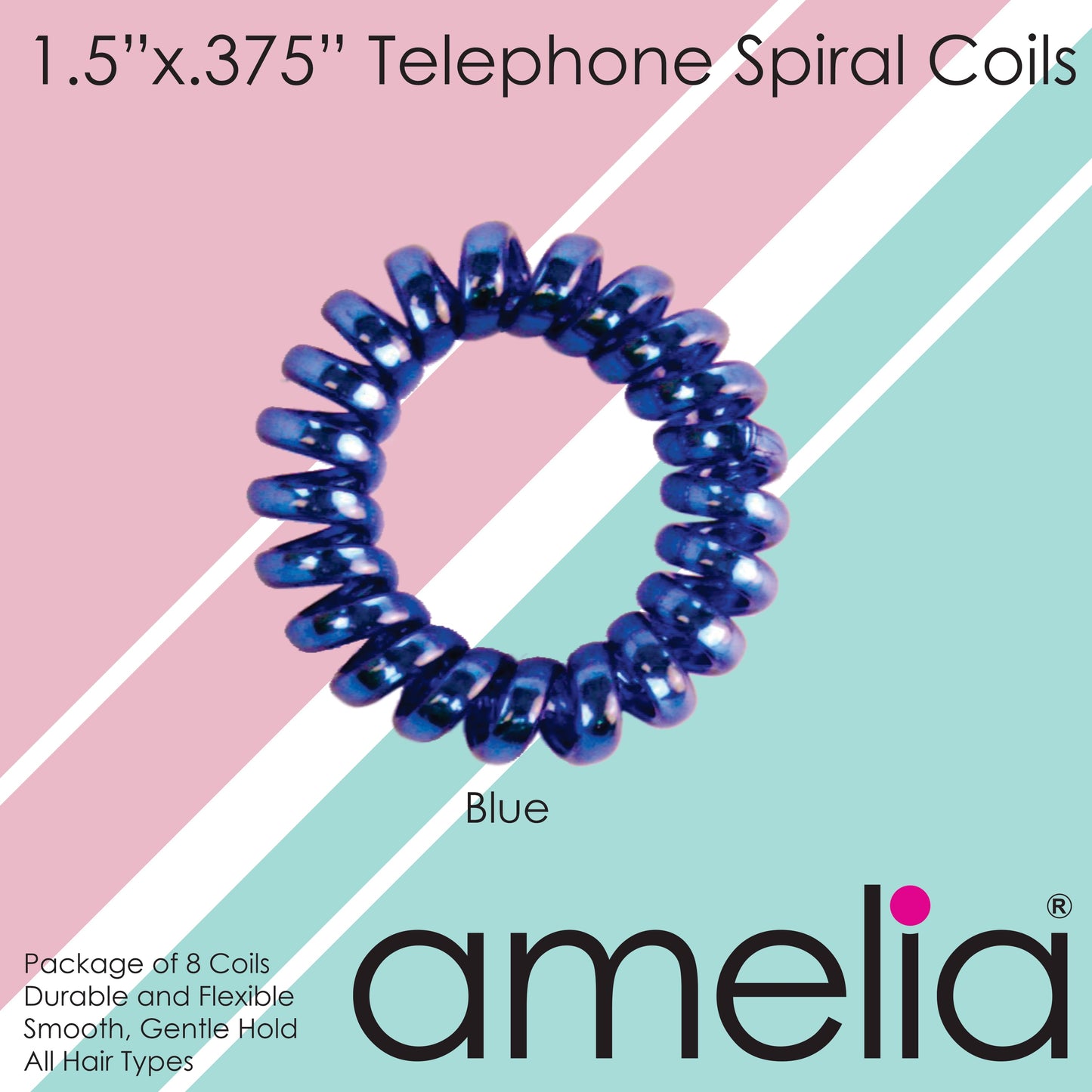 Amelia Beauty, 8 Small Shinny Elastic Hair Telephone Cord Coils, 1.5in Diameter Spiral Hair Ties, Strong Hold, Gentle on Hair, Blue - 12 Retail Packs