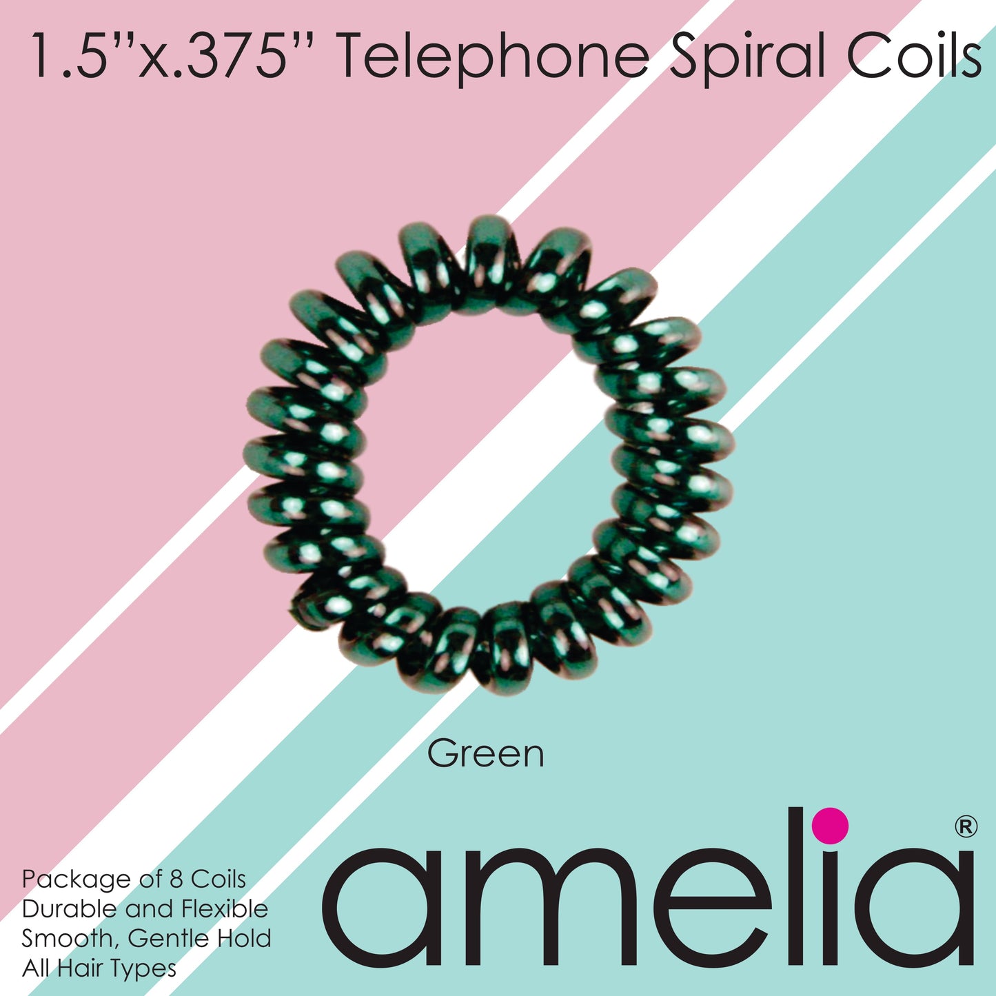 Amelia Beauty, 8 Small Shinny Elastic Hair Telephone Cord Coils, 1.5in Diameter Spiral Hair Ties, Strong Hold, Gentle on Hair, Green - 12 Retail Packs