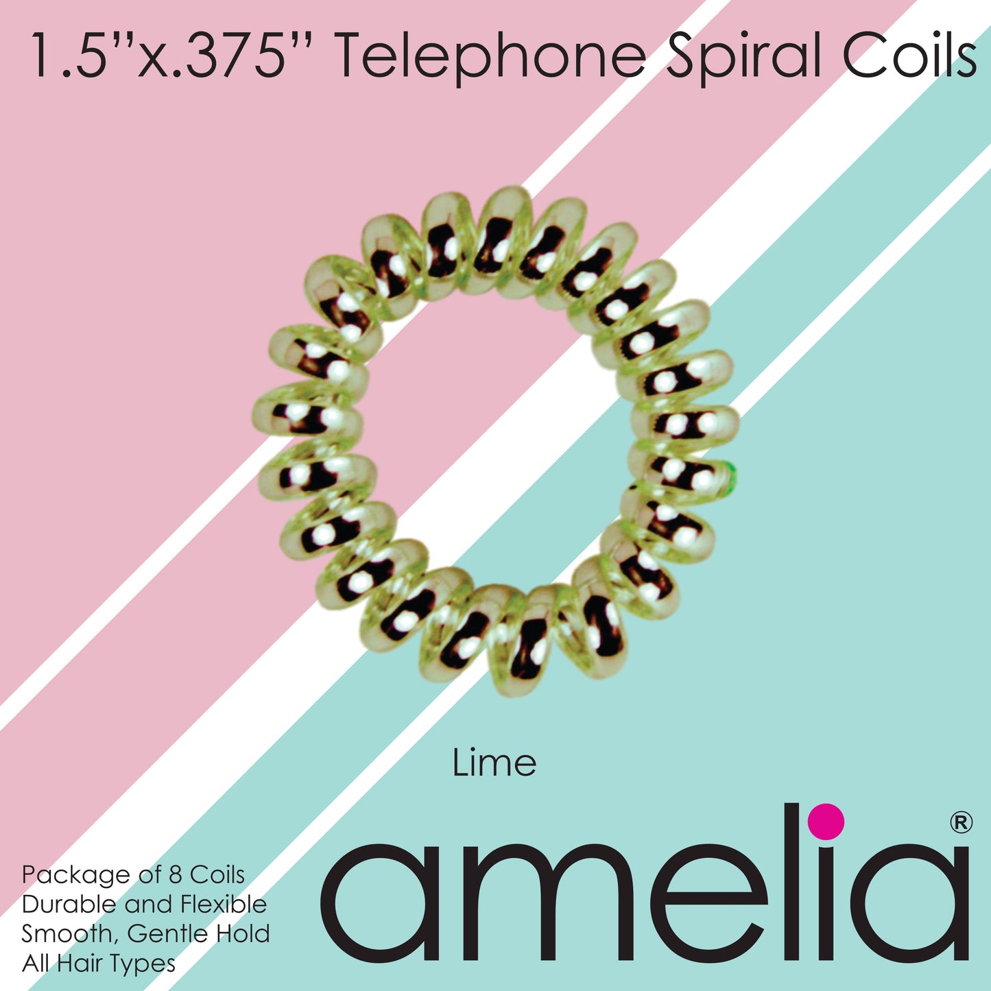 Amelia Beauty, 8 Small Shinny Elastic Hair Telephone Cord Coils, 1.5in Diameter Spiral Hair Ties, Strong Hold, Gentle on Hair, Lime Green - 12 Retail Packs