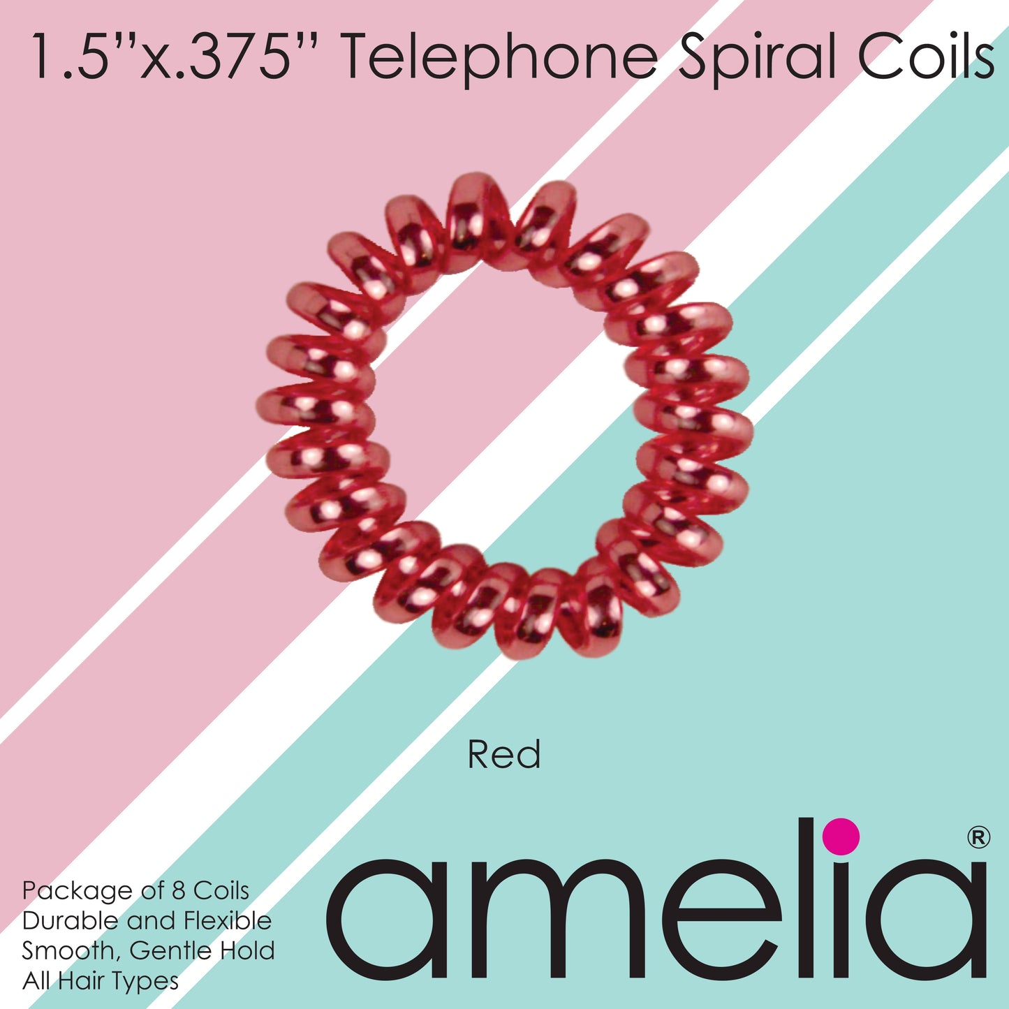 Amelia Beauty, 8 Small Shinny Elastic Hair Telephone Cord Coils, 1.5in Diameter Spiral Hair Ties, Strong Hold, Gentle on Hair, Red - 12 Retail Packs