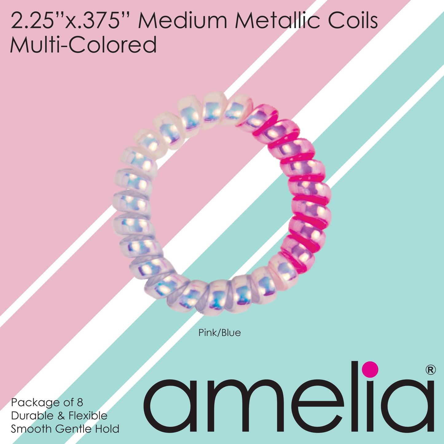 Amelia Beauty Products 8 Medium Smooth Elastic Mutli-Colored Hair Coils, 2.25in Diameter Spiral Hair Ties, Gentle Yet Strong Hold and Minimizes Dents, Pink/Blue - 12 Retail Packs