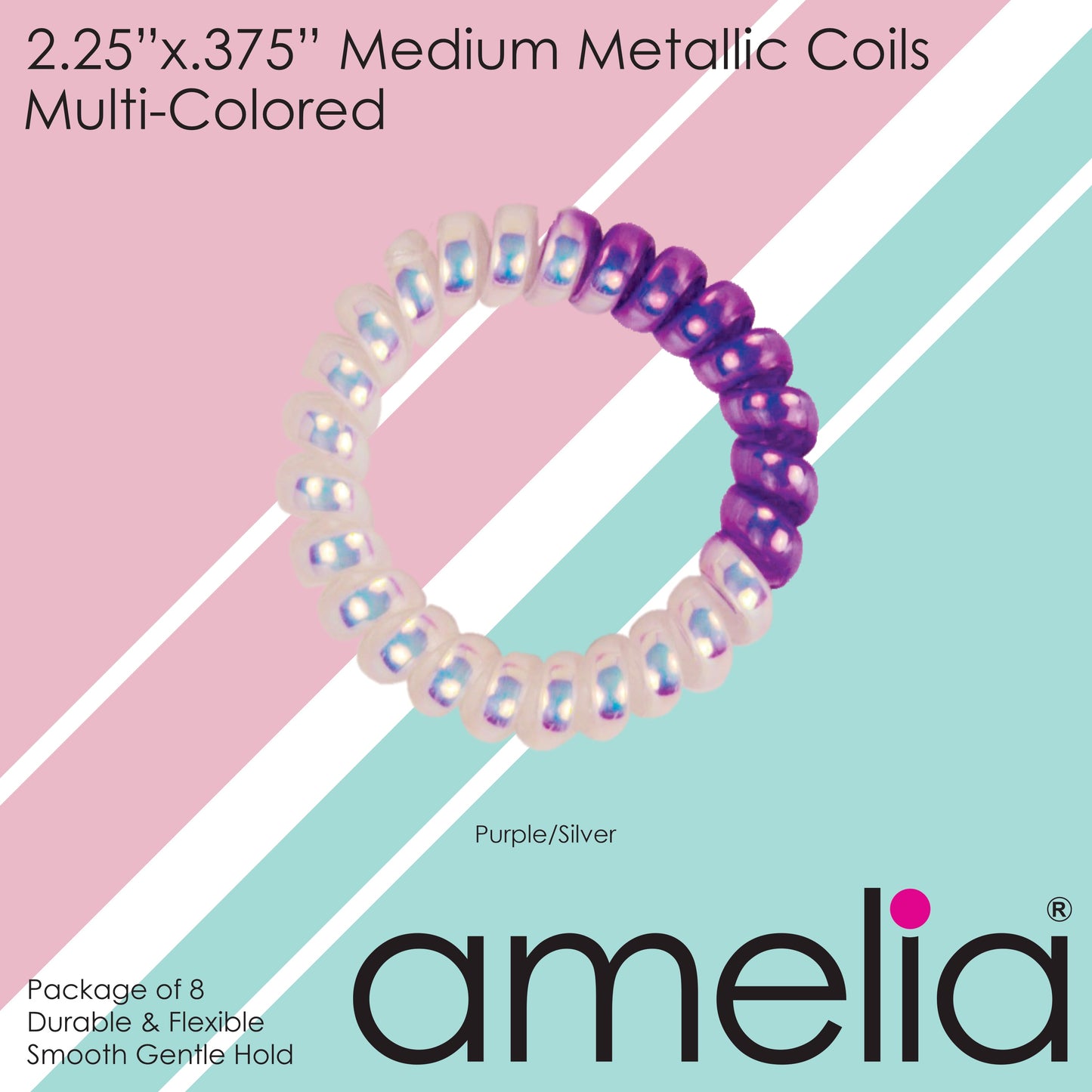 Amelia Beauty Products 8 Medium Smooth Elastic Mutli-Colored Hair Coils, 2.25in Diameter Spiral Hair Ties, Gentle Yet Strong Hold and Minimizes Dents, Purple/Silver - 12 Retail Packs