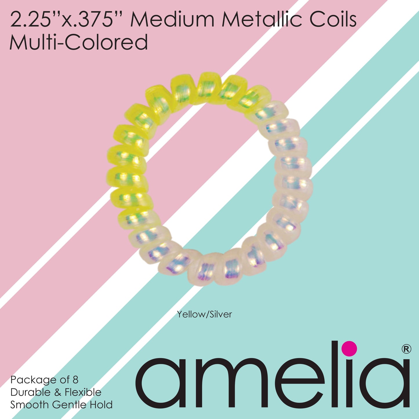 Amelia Beauty Products 8 Medium Smooth Elastic Mutli-Colored Hair Coils, 2.25in Diameter Spiral Hair Ties, Gentle Yet Strong Hold and Minimizes Dents, Yellow/Silver - 12 Retail Packs