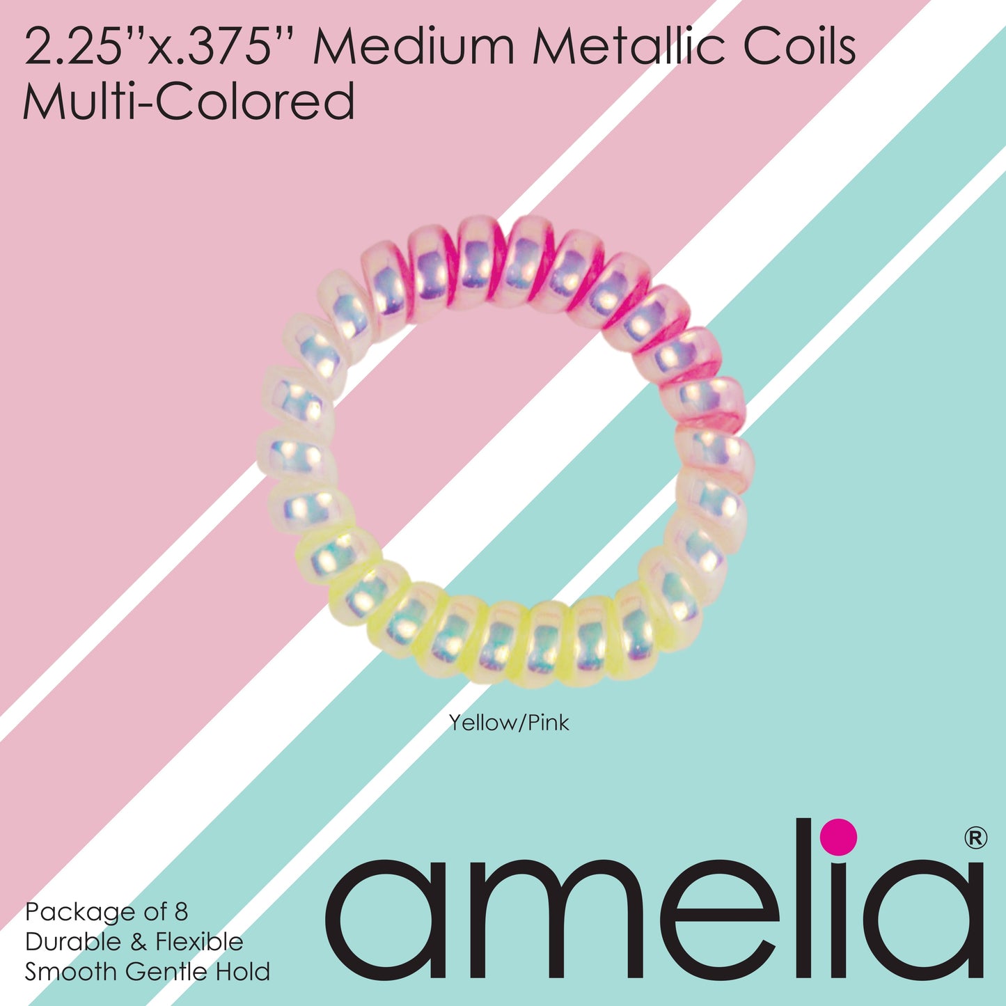 Amelia Beauty Products 8 Medium Smooth Elastic Mutli-Colored Hair Coils, 2.25in Diameter Spiral Hair Ties, Gentle Yet Strong Hold and Minimizes Dents, Yellow/Pink - 12 Retail Packs