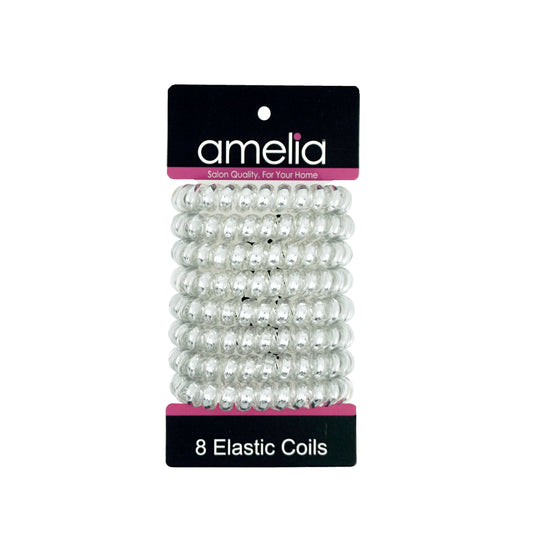 Amelia Beauty Products 8 Large Smooth Shiny Center Elastic Hair Coils, 2. 5in Diameter Thick Spiral Hair Ties, Gentle on Hair, Strong Hold and Minimizes Dents and Creases, Silver - 12 Retail Packs