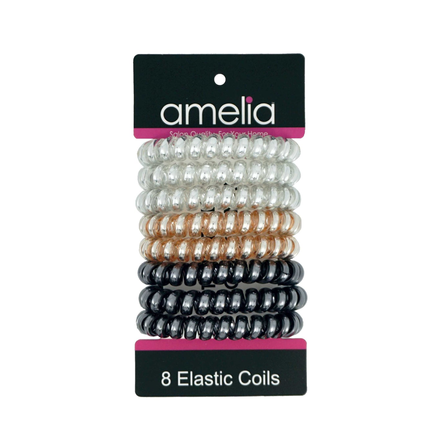 Amelia Beauty Products 8 Large Smooth Shiny Center Elastic Hair Coils, 2. 5in Diameter Thick Spiral Hair Ties, Gentle on Hair, Strong Hold and Minimizes Dents and Creases, Black, Gold and Silver Mix - 12 Retail Packs