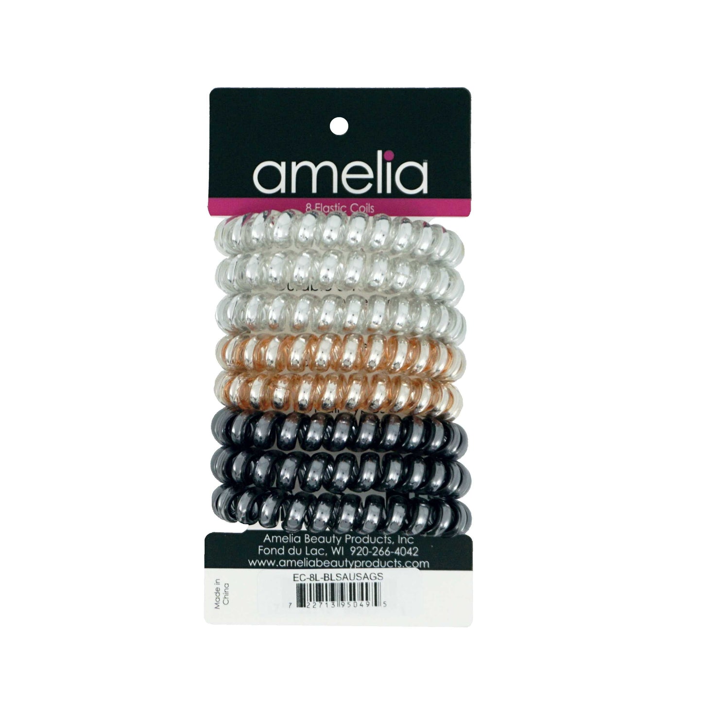 Amelia Beauty Products 8 Large Smooth Shiny Center Elastic Hair Coils, 2. 5in Diameter Thick Spiral Hair Ties, Gentle on Hair, Strong Hold and Minimizes Dents and Creases, Black, Gold and Silver Mix - 12 Retail Packs