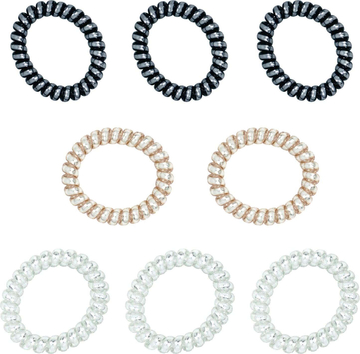 Amelia Beauty Products 8 Large Smooth Shiny Center Elastic Hair Coils, 2. 5in Diameter Thick Spiral Hair Ties, Gentle on Hair, Strong Hold and Minimizes Dents and Creases, Black, Gold and Silver Mix - 12 Retail Packs