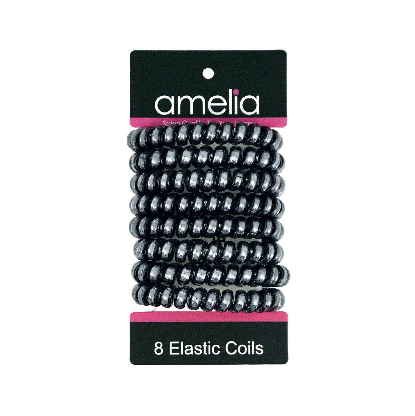 Amelia Beauty Products 8 Large Smooth Shiny Center Elastic Hair Coils, 2. 5in Diameter Thick Spiral Hair Ties, Gentle on Hair, Strong Hold and Minimizes Dents and Creases, Black - 12 Retail Packs